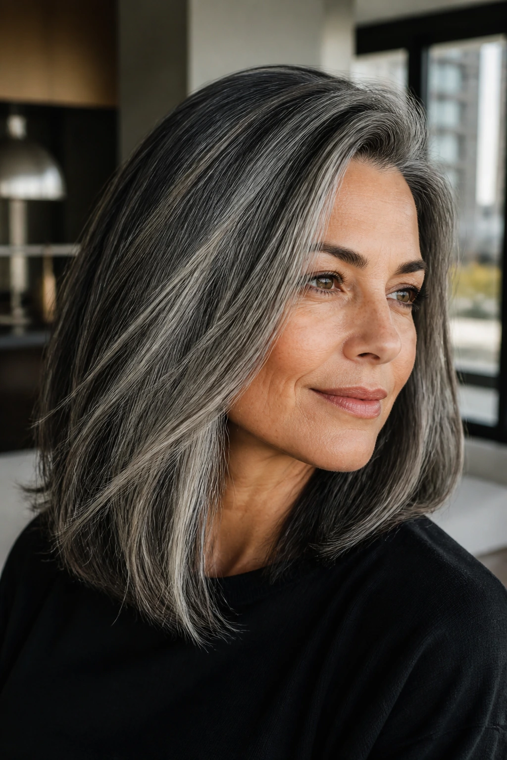 Close-up of a woman with salt-and-pepper silver hair.
