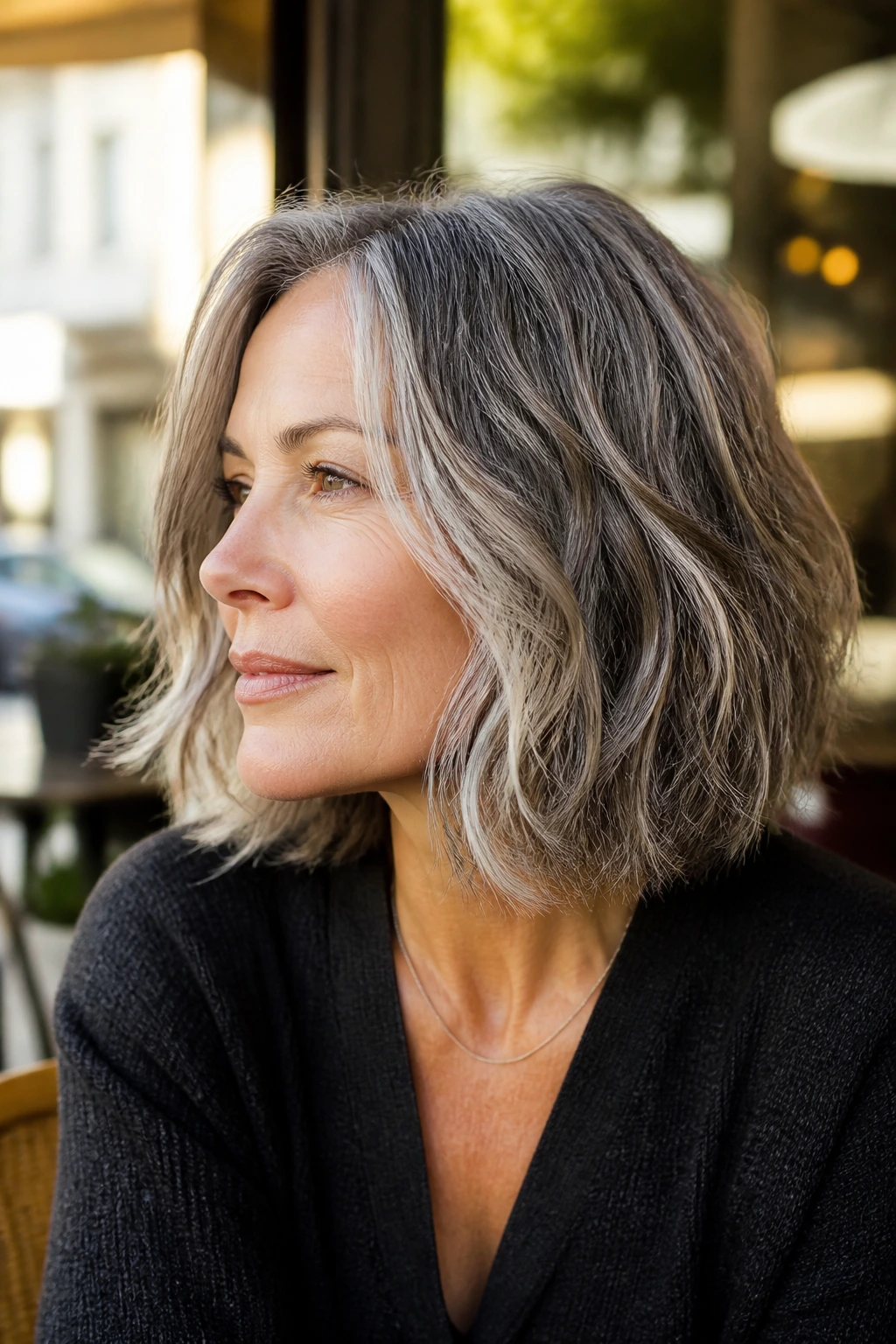 Portrait of a real woman with salt-and-pepper tousled lob, showing natural gray highlights.