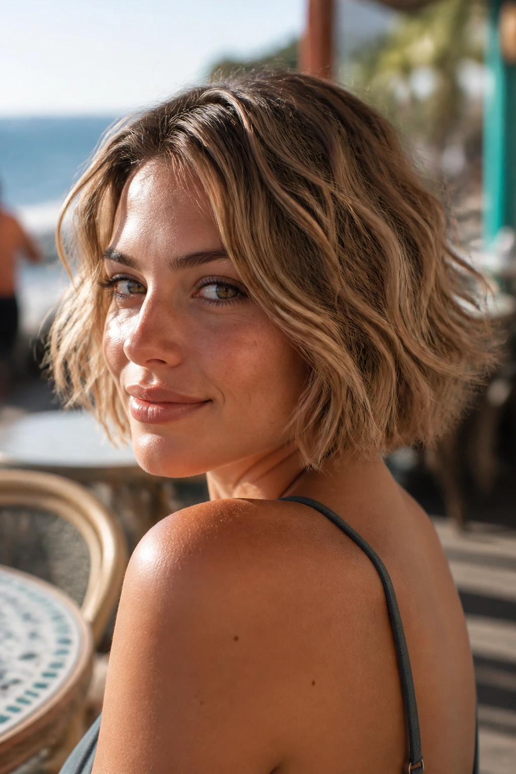Close-up of a real woman with salt-scrunched bob waves