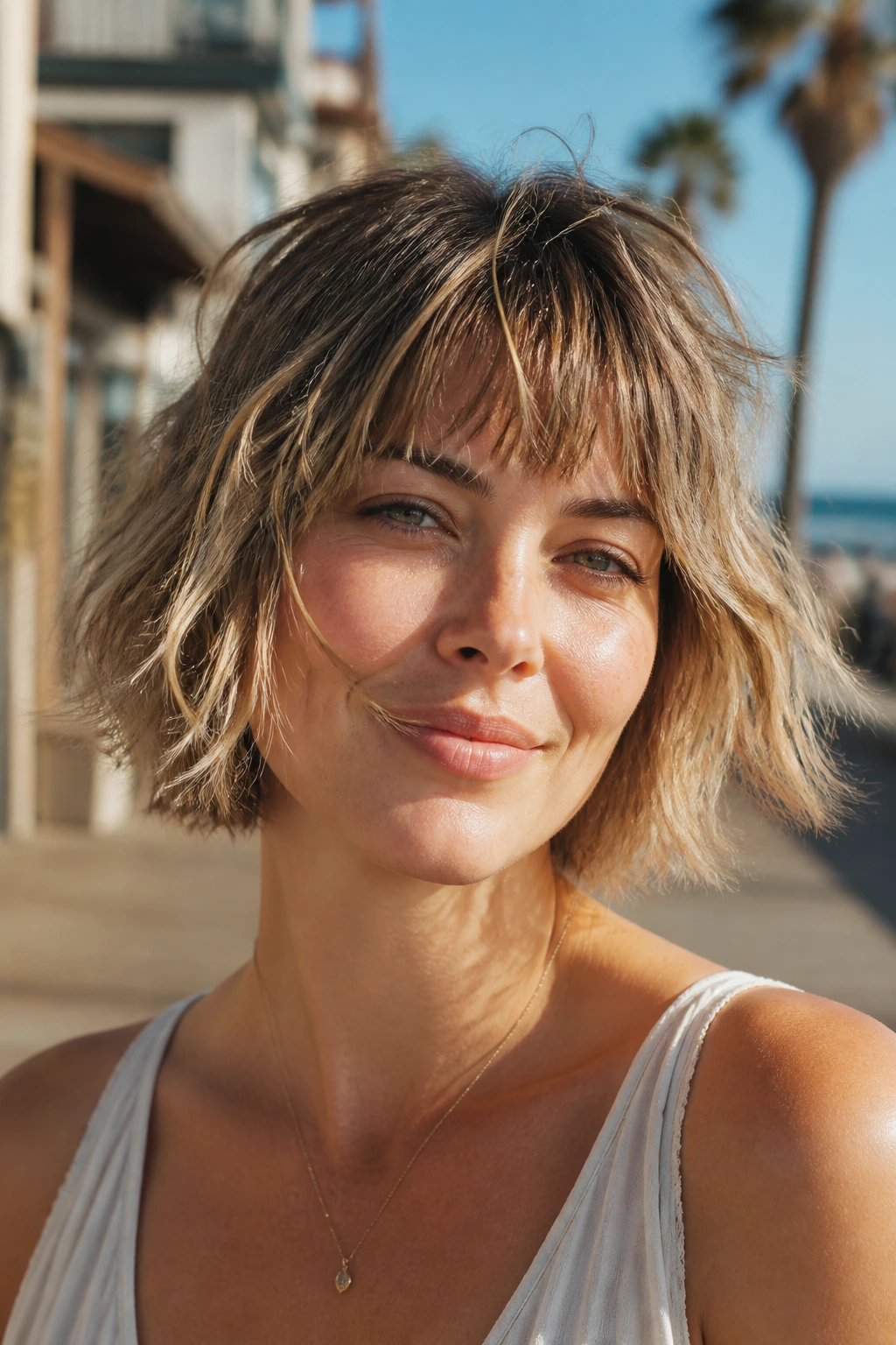 Close-up portrait of a real woman with messy salt-spray bob and light fringe outdoors