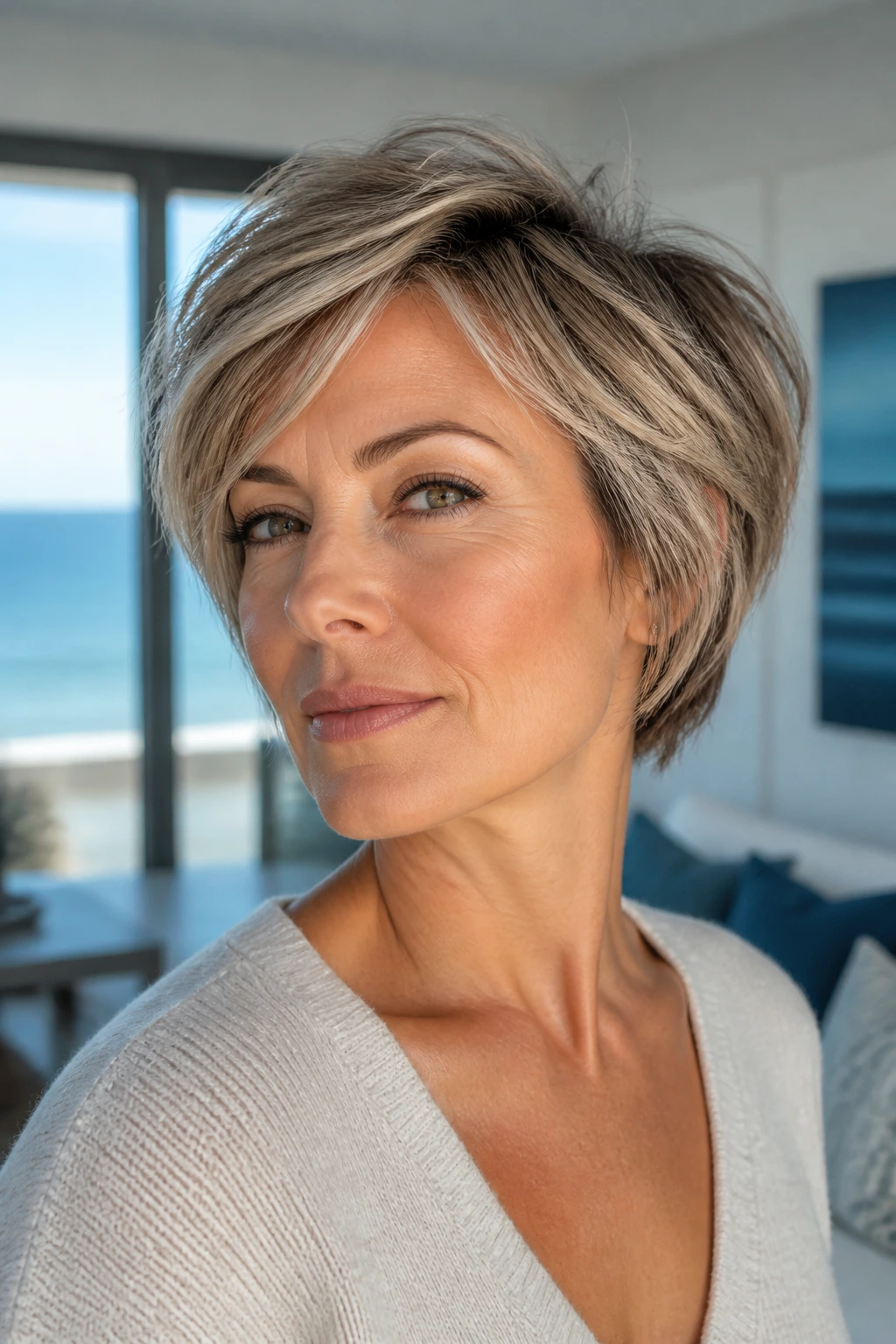 Portrait of a real woman with salt-sprayed pixie bob texture and root lift