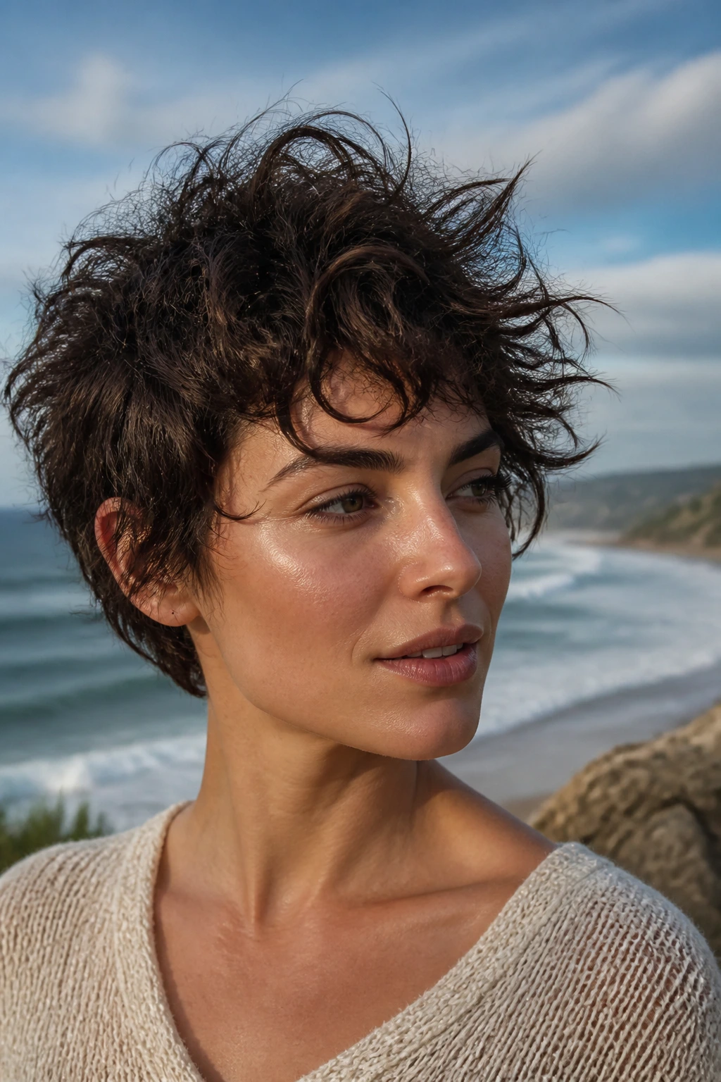 Close-up of real person with salt-spray messy pixie wolf hairstyle