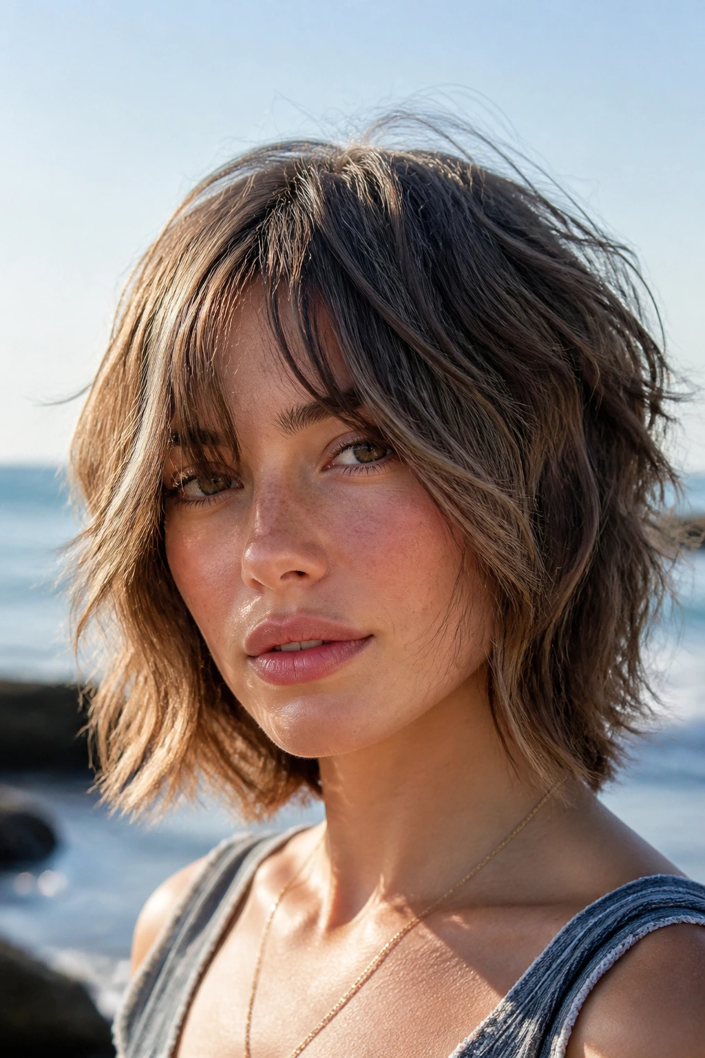 Close-up of a real woman with salt-spray shag and long tapered bangs in seaside light