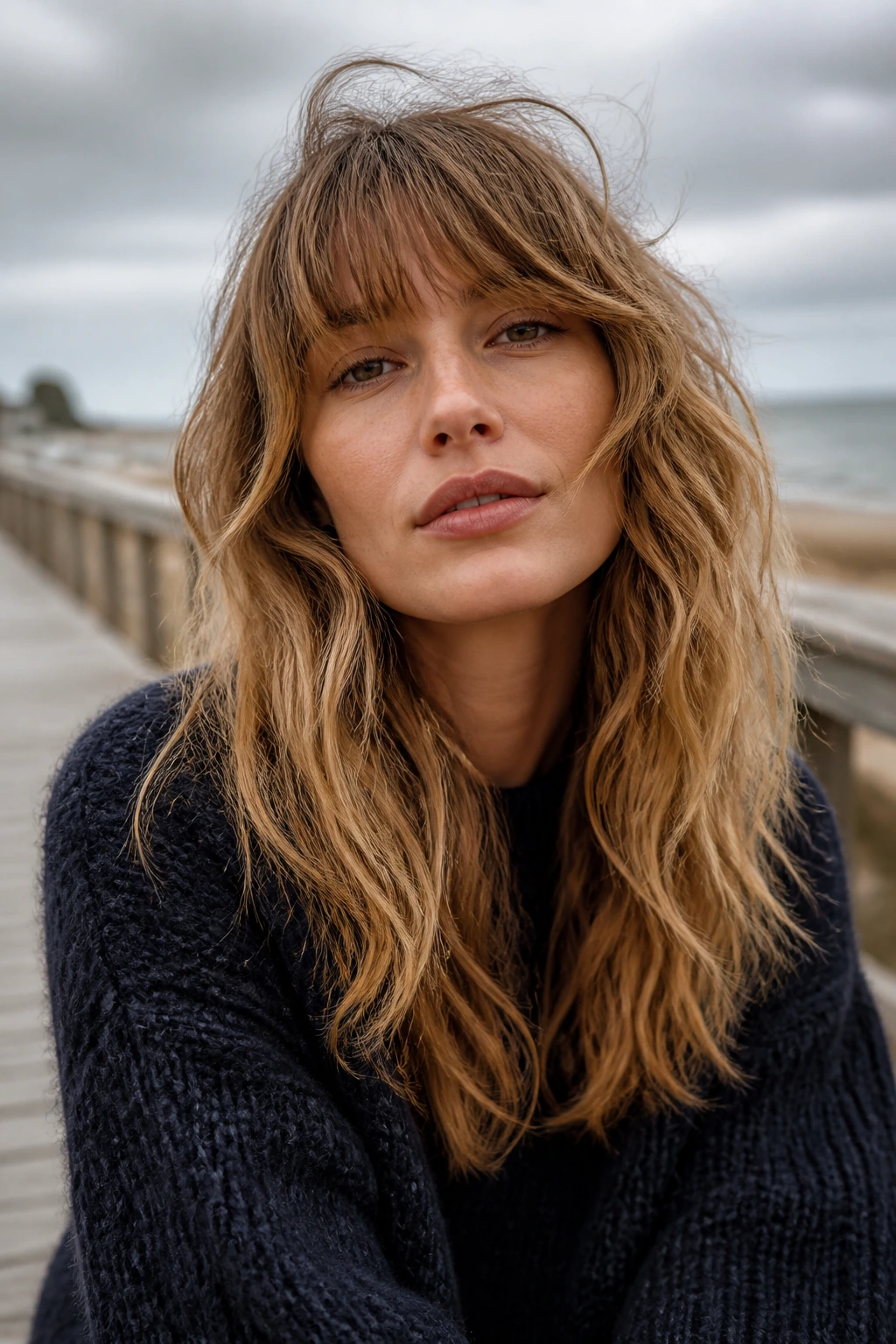 Portrait of a person with salt-spray shag in a coastal setting.
