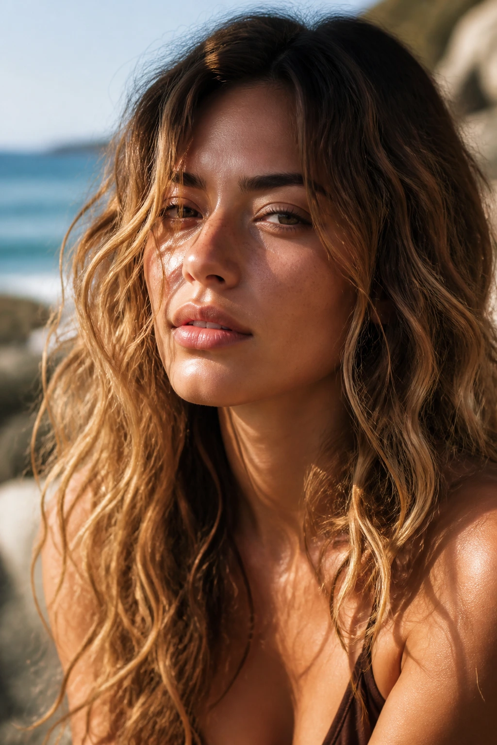 Close-up of a real person with salt-spritz air-dry waves and matte texture