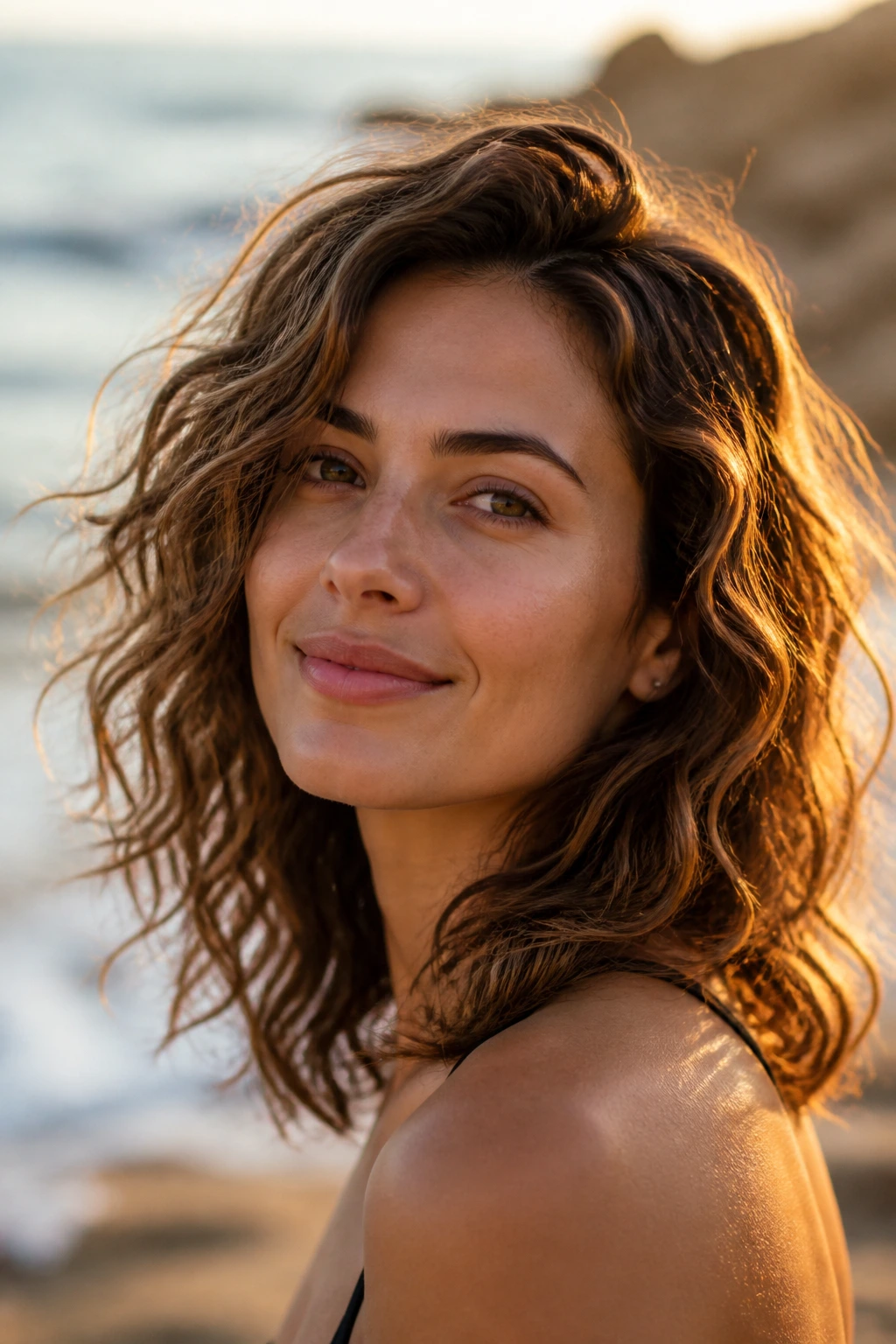 Close-up of a real woman with salt-spray microvolume waves near the sea