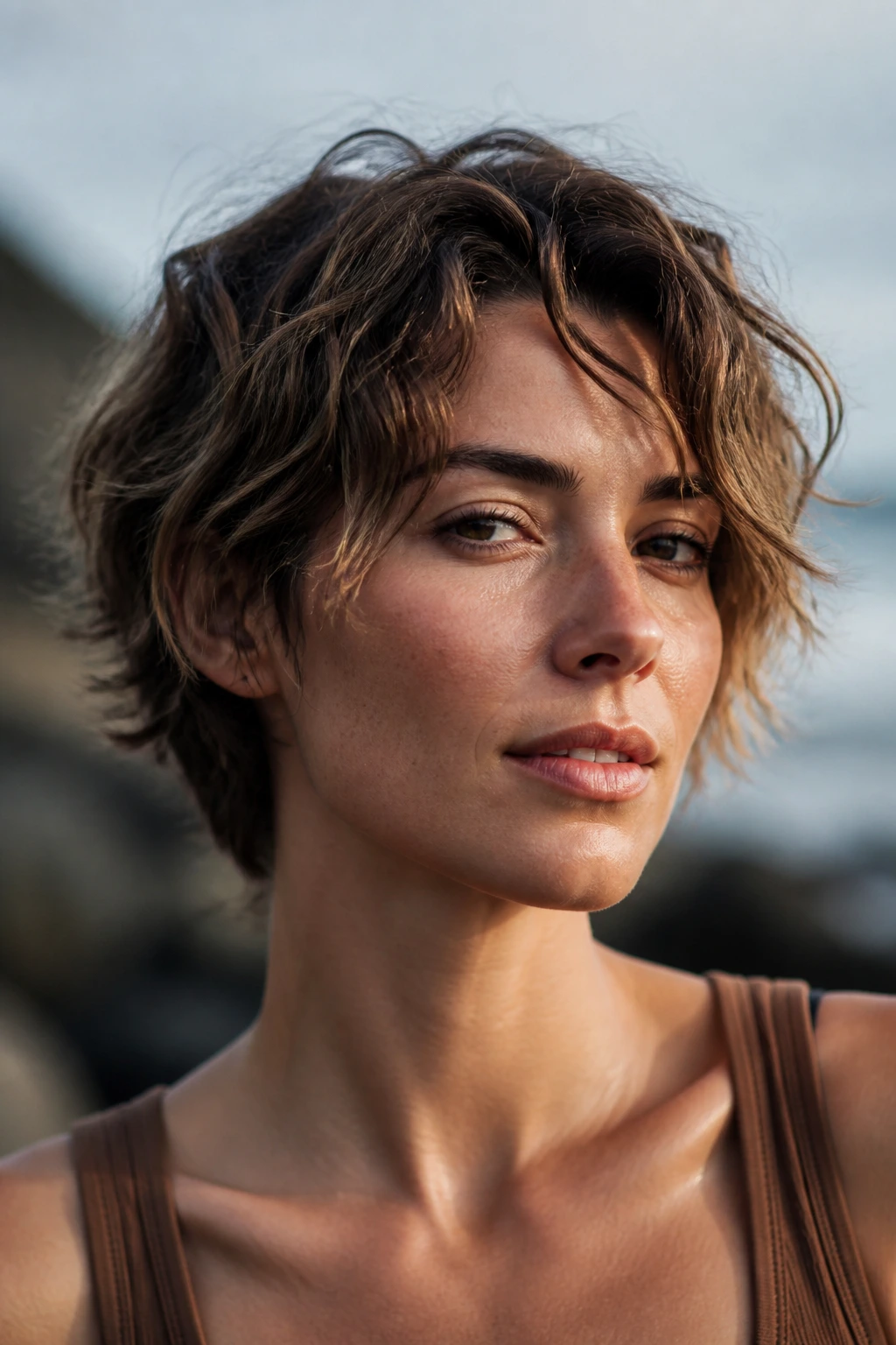 Close-up of a real woman with air-dried salt-spray waves on a short layered cut