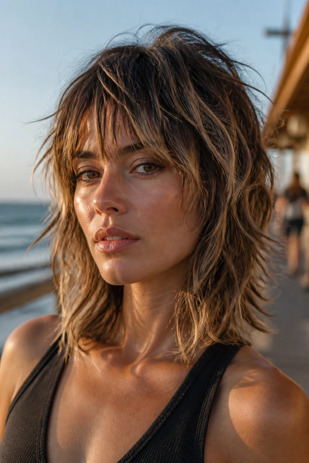 Portrait of a real person with salt-spray textured wolf cut on shoulder length hair near seaside boardwalk at golden hour.
