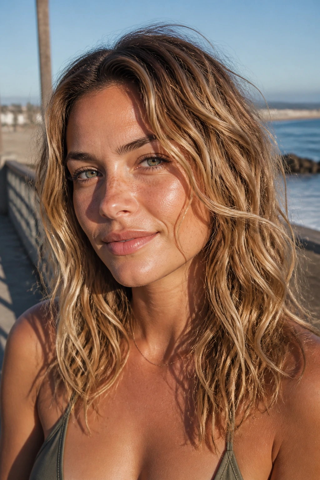 Close-up portrait of a real woman with salt-spritz scrunch waves on mid-length hair