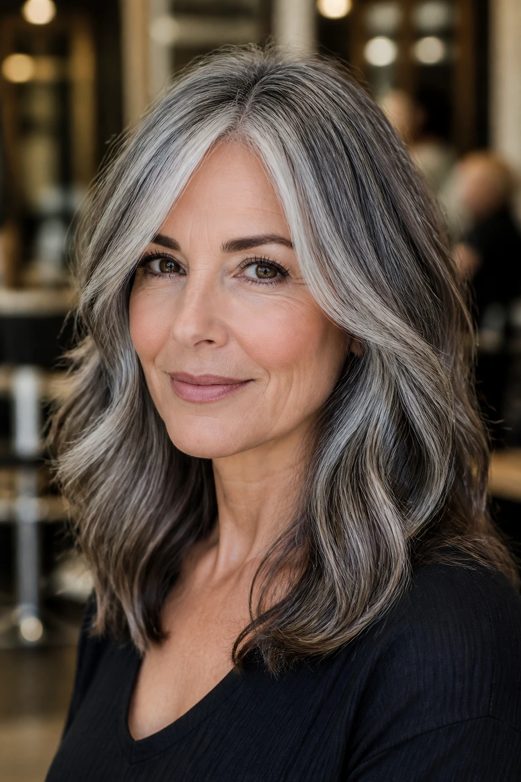 Close-up of a real woman's hair with salt-and-sugar blend and silver threads