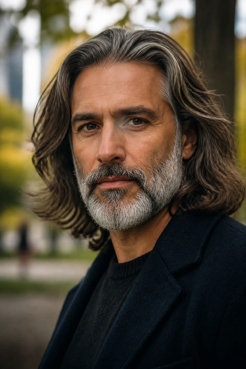 Man with salt-and-pepper beard and long hair in diffuse afternoon light