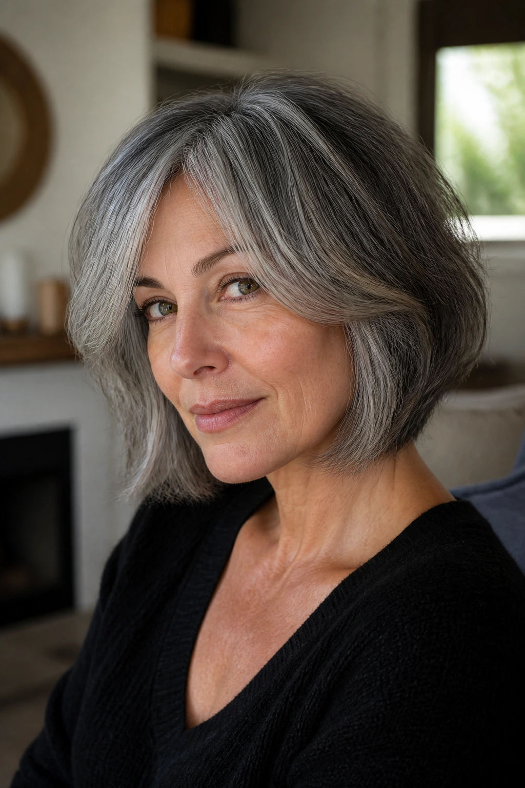 Close-up portrait of a real woman with salt-and-pepper layered bob and soft movement