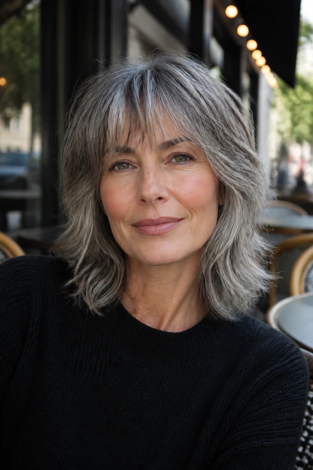 Close-up of a woman with a salt-and-pepper shag and soft bangs in daylight.