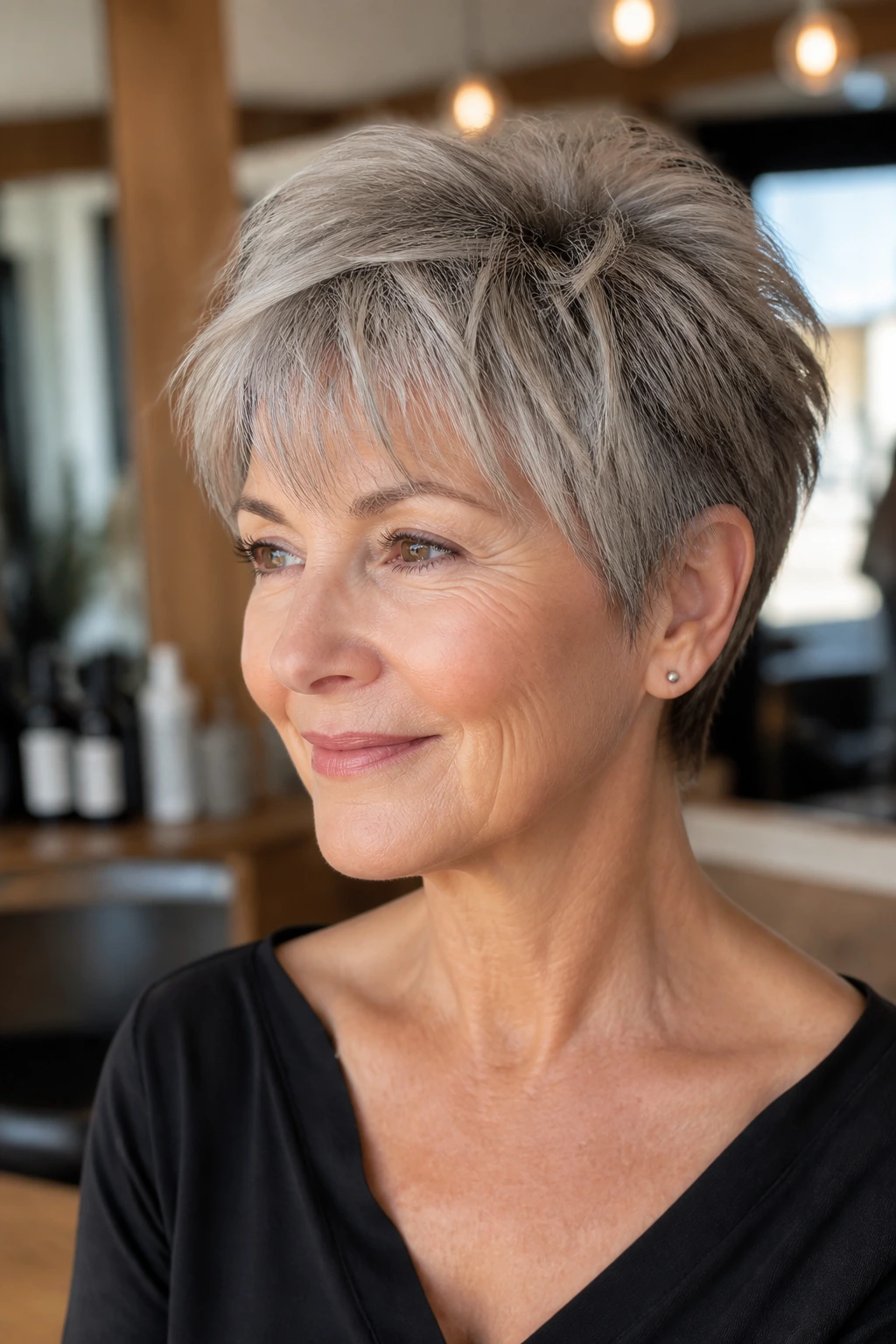Close-up portrait of woman with Saltandpepper Textured Crop Airy Fringe