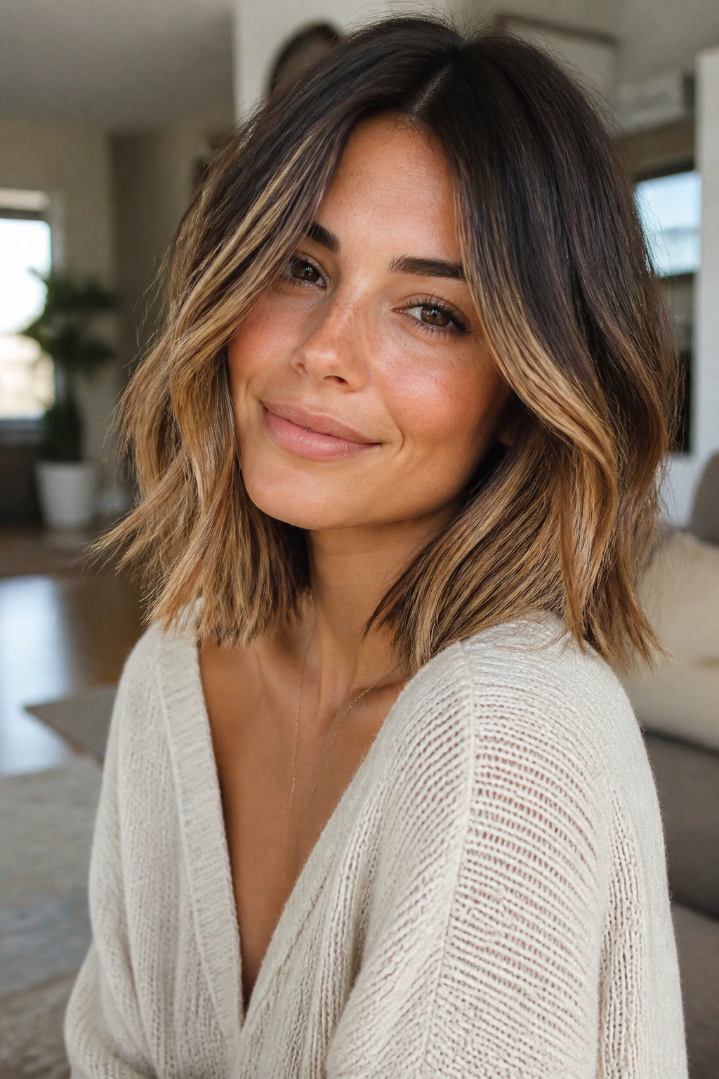 Close-up of a real woman with a salted caramel bob and lived-in roots under natural window light.