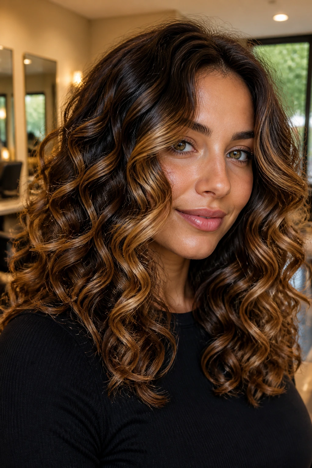 Close-up of a real woman with salted caramel curls and glossy highlights.