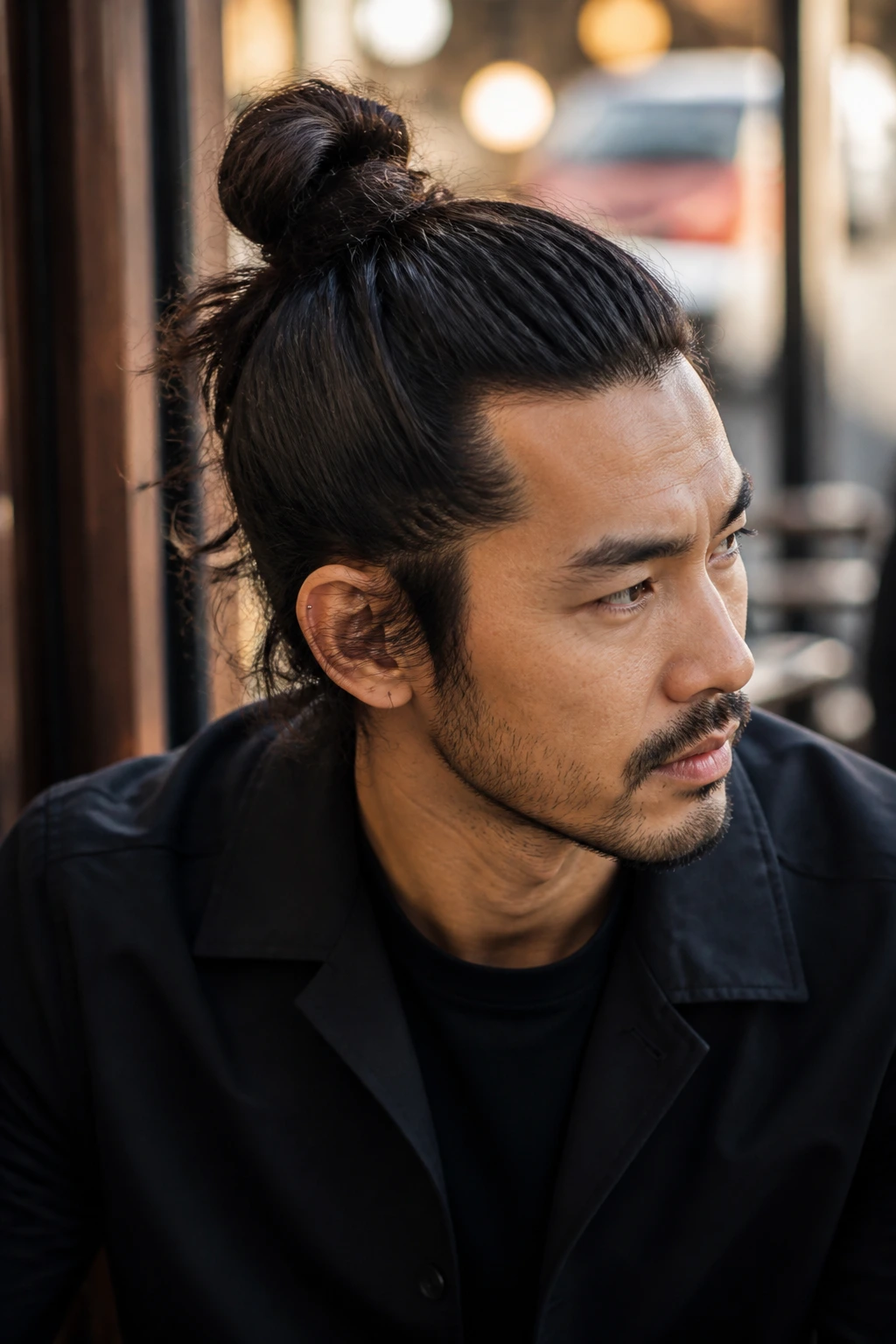 Close-up portrait of a man with a high samurai bun, natural light
