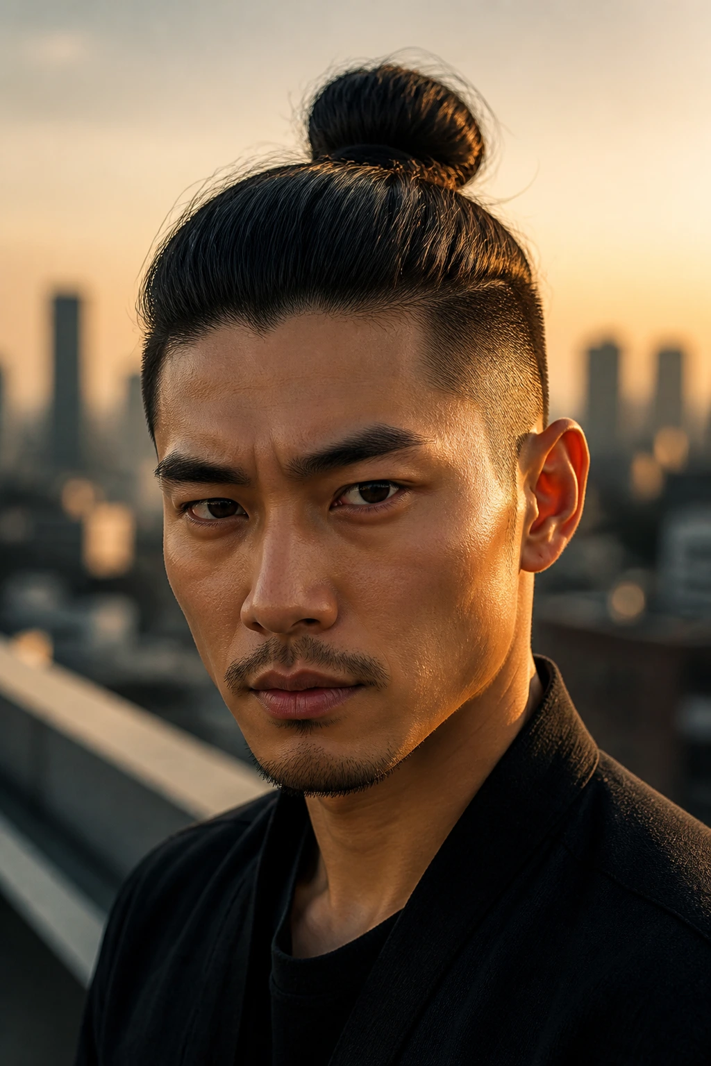 Close-up of a man with a high, compact samurai knot hairstyle on a rooftop at sunset.
