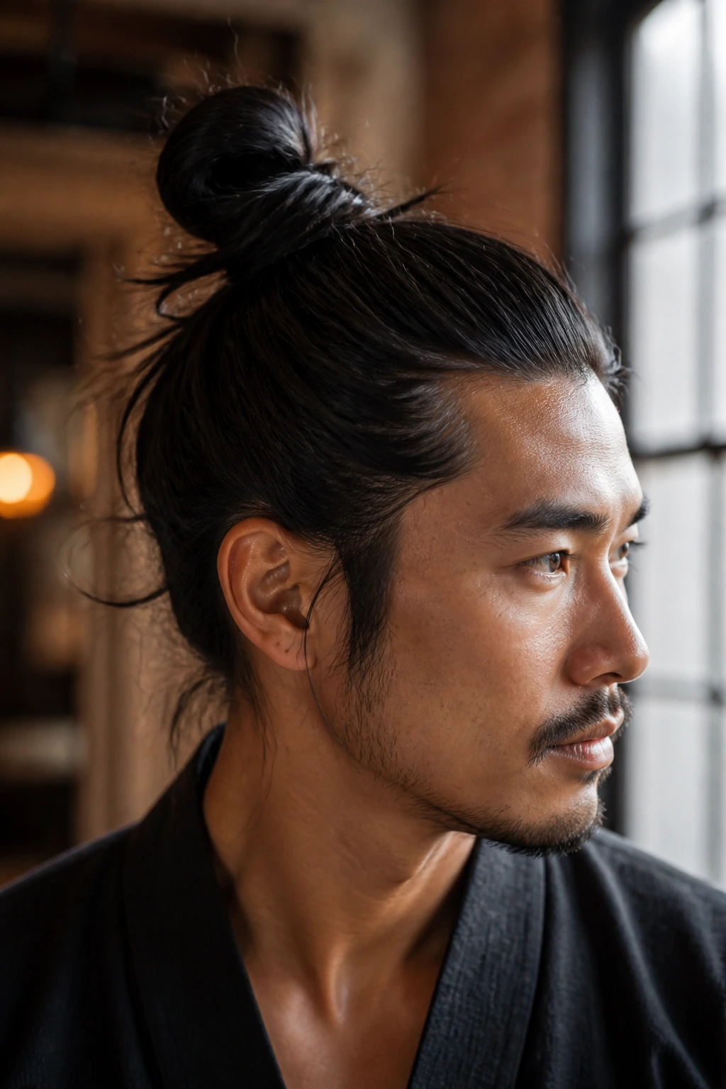 Close-up of a man with a high samurai knot hairstyle
