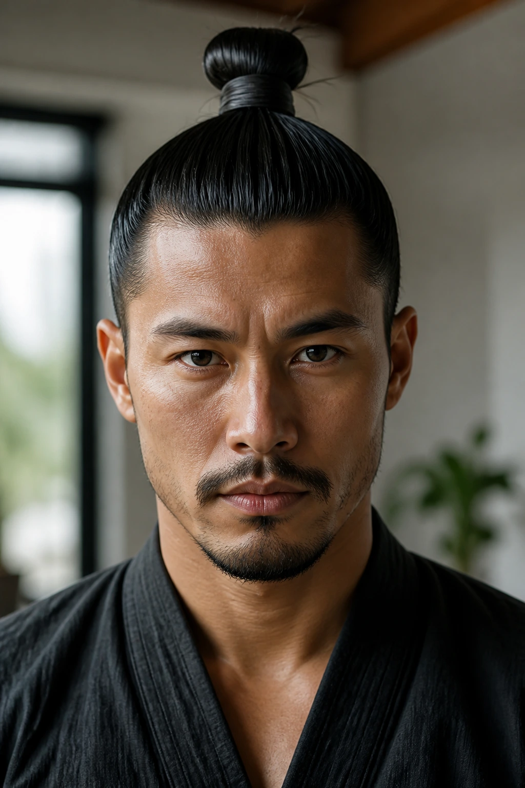 Close-up portrait of a man with a high samurai knot hairstyle
