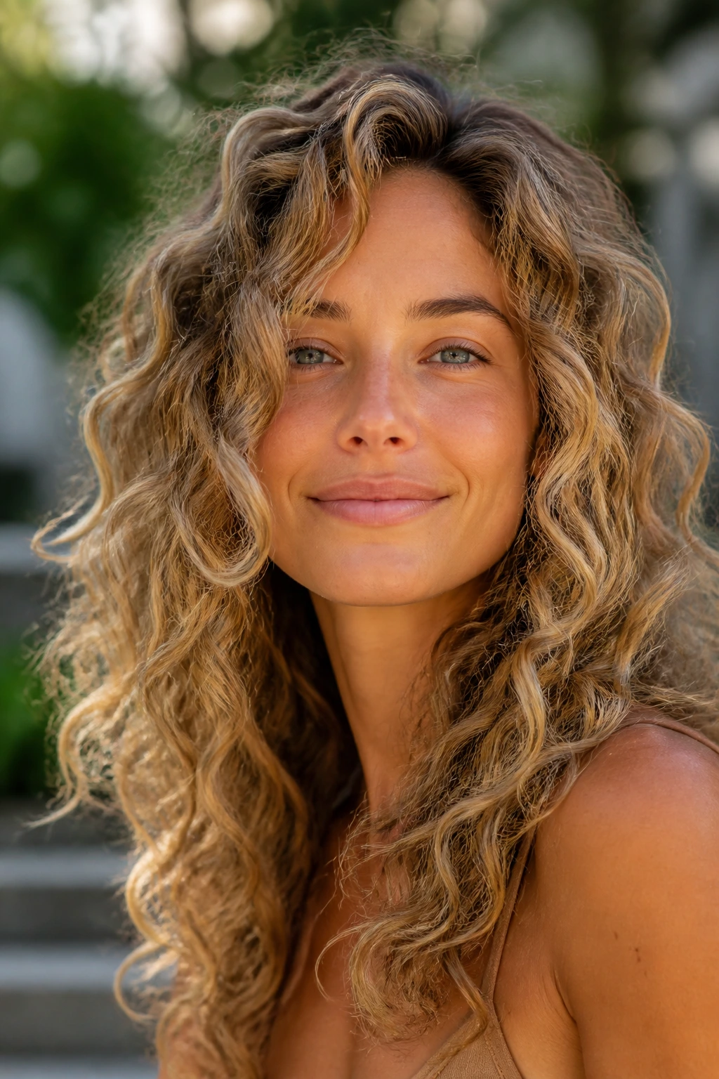 Real woman with sand beige sun-kissed curls in outdoor sunlight