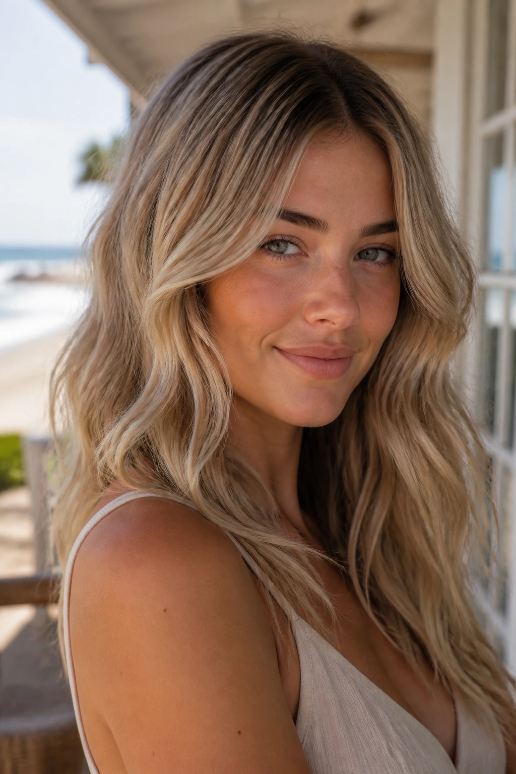 Close-up of a real woman with sand beige blonde hair under warm beach sunlight