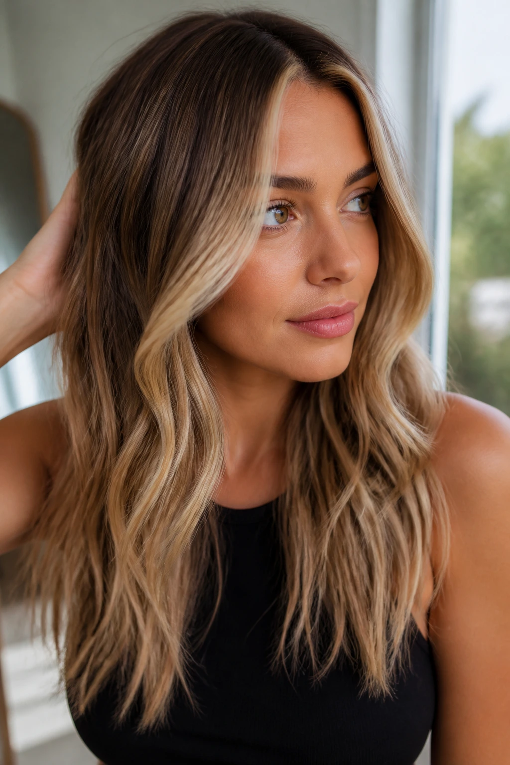 Close-up of sand beige money piece on bronde hair framing the face