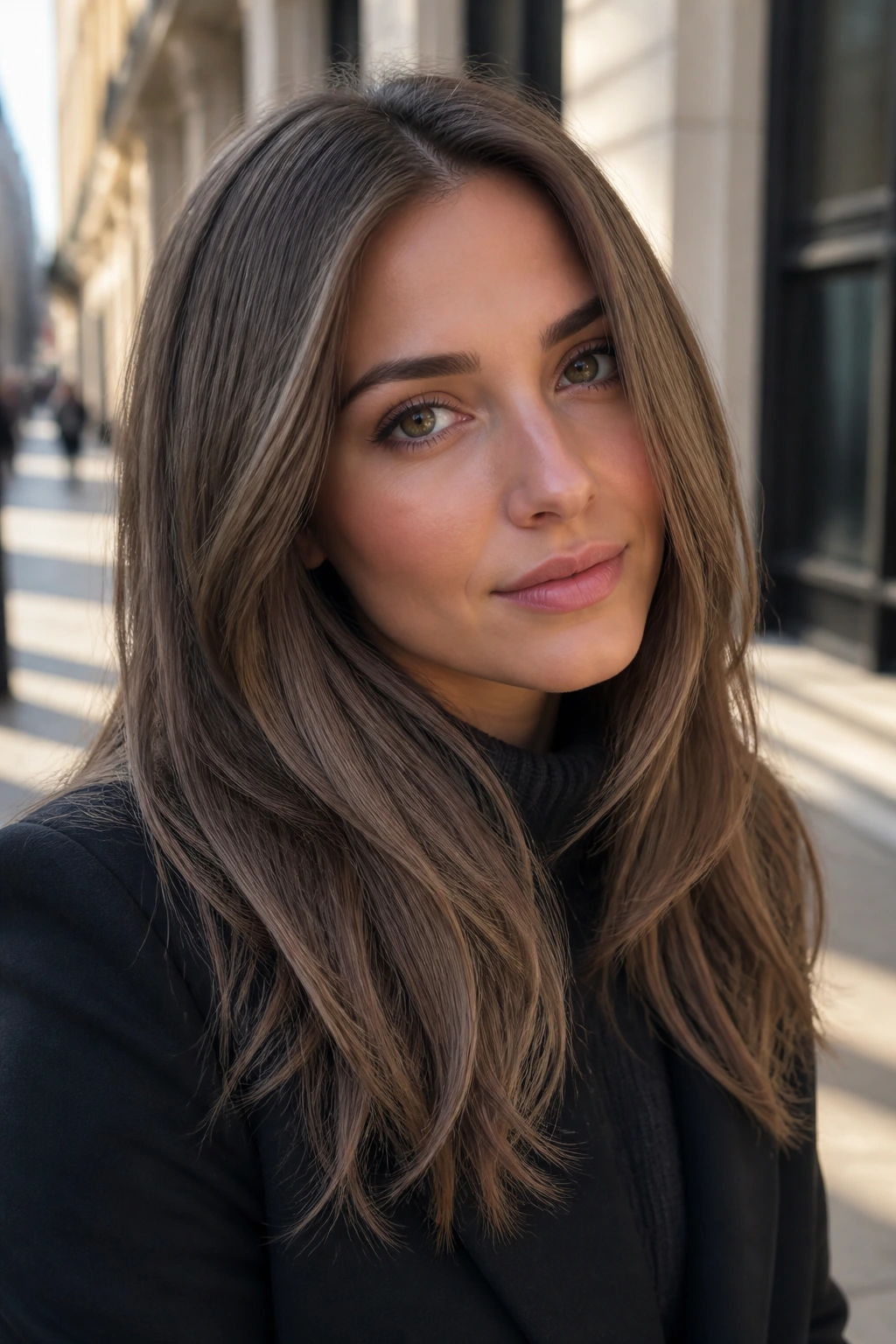 Close-up portrait of a real woman with sand beige brunette hair in cool dusty tone