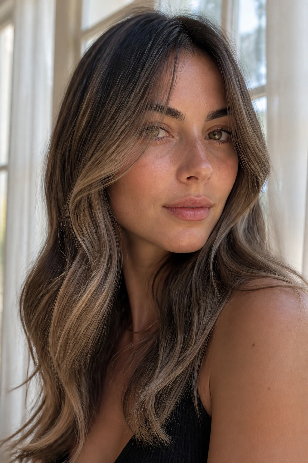 Cool brown hair with sand beige highlights catching sunlight
