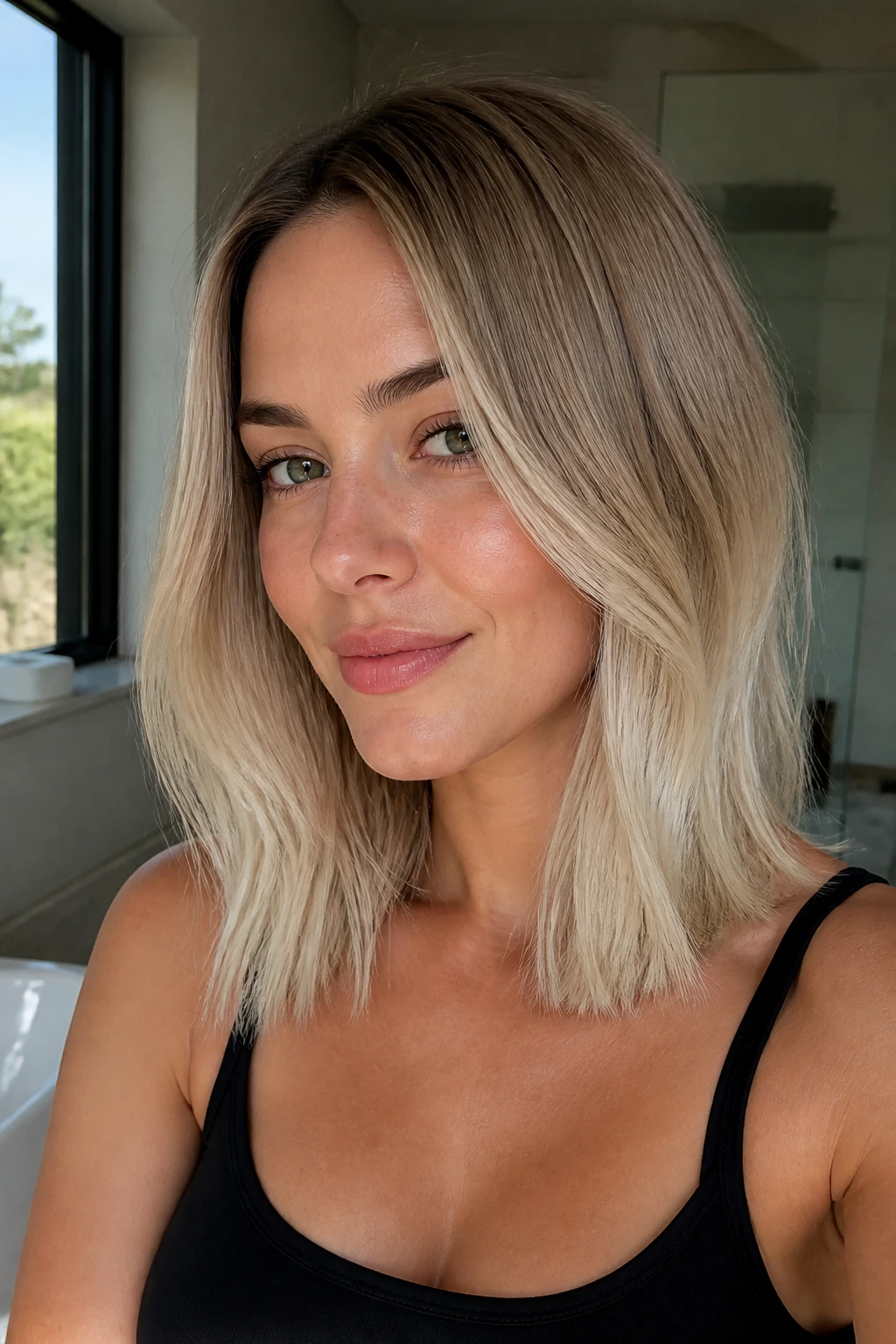 Shoulder-length hair fading from sand beige roots to platinum ends on a real person