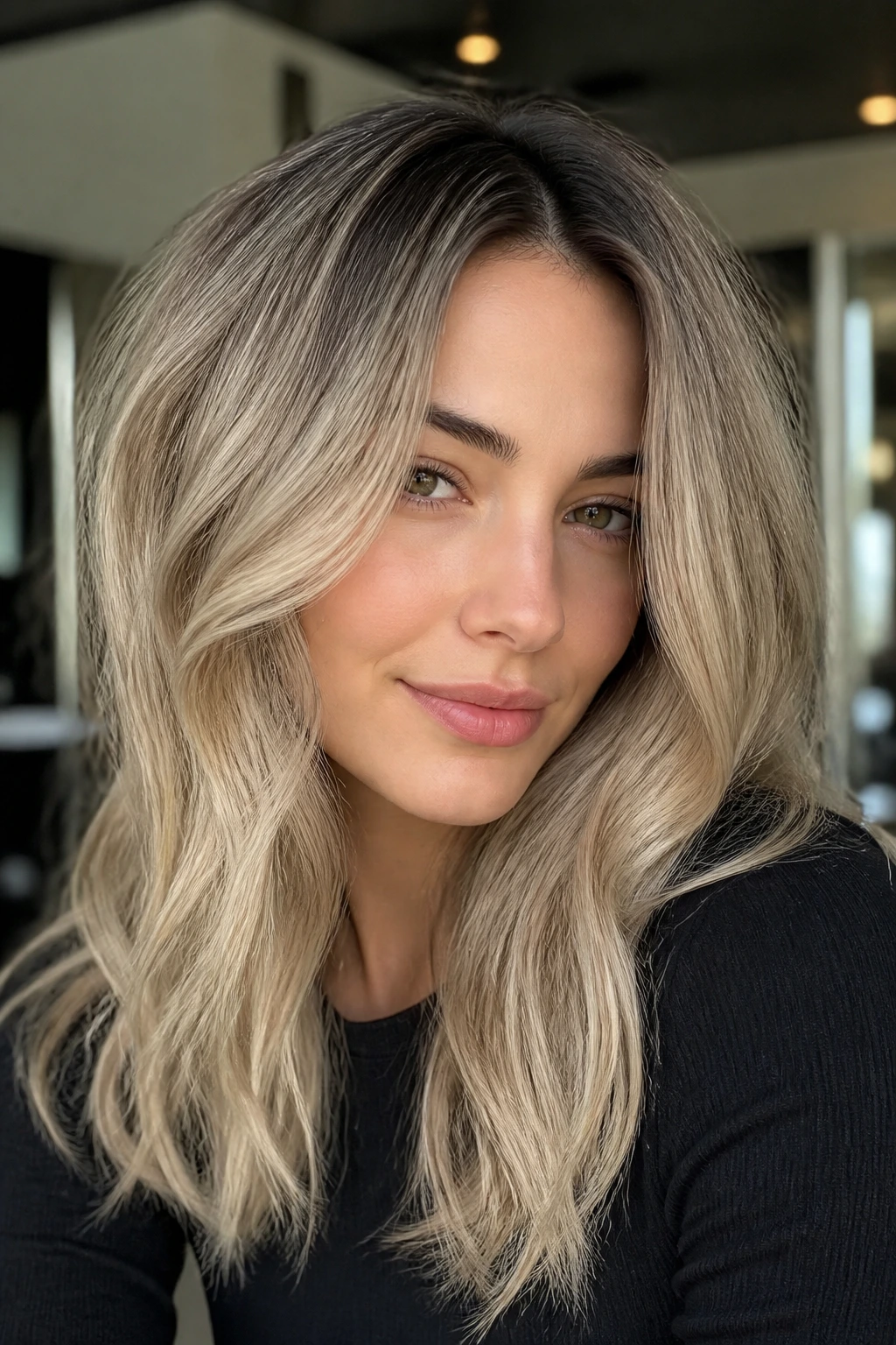 Close-up portrait of a woman with sand beige hair and root shadow.