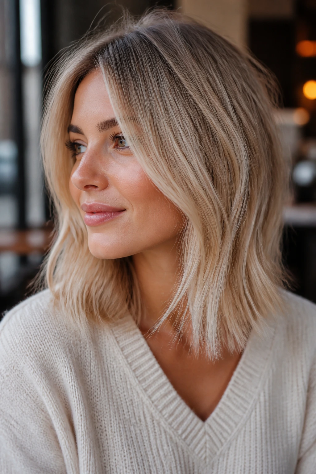 Portrait of a woman with sand blonde and airy ends in soft light