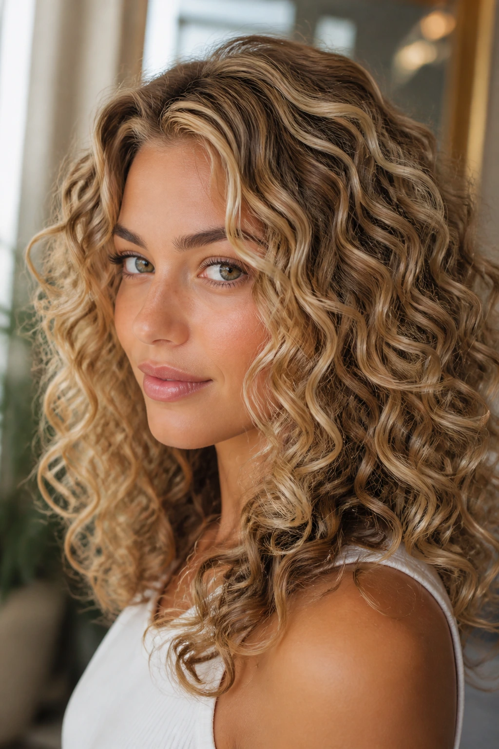 Close-up of curly hair with sand blonde babylights on a real person