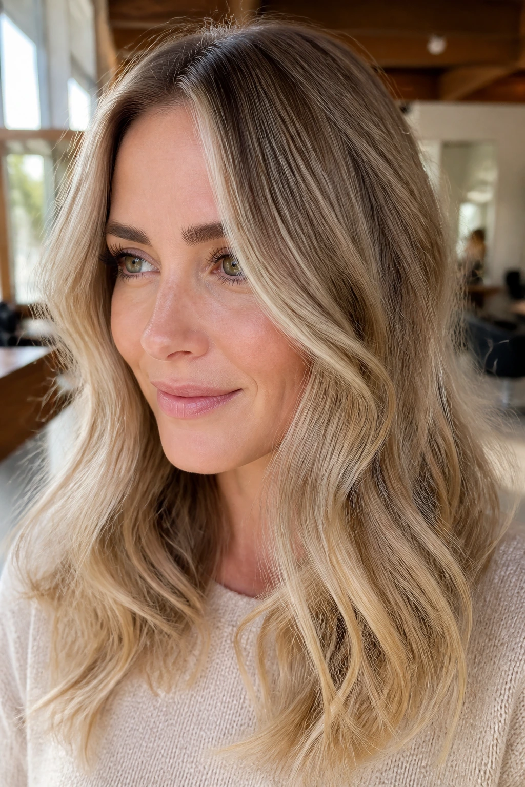 Close-up of a real woman with sand blonde balayage and beige-gold hair framing her face