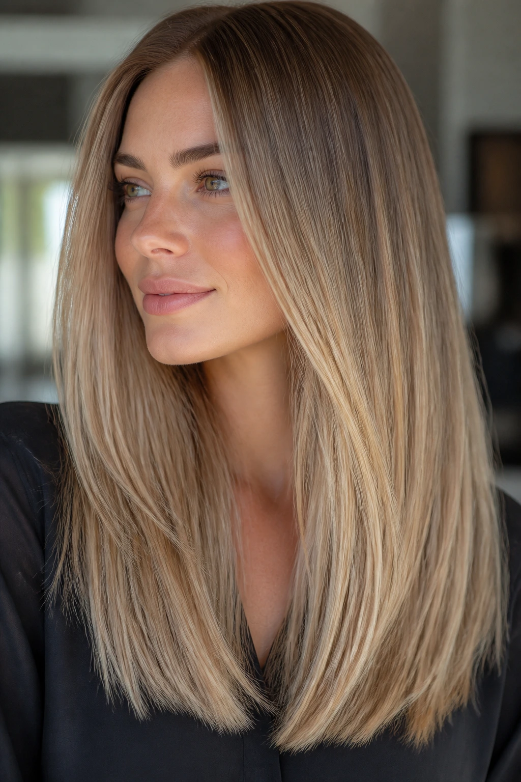 Close-up of real woman with sand blonde balayage on straight hair in natural daylight.