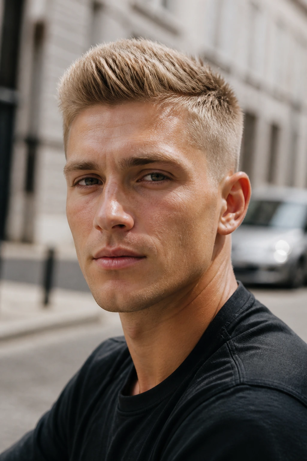 Close-up of a real person with sand blonde brush-up hairstyle in beige tone