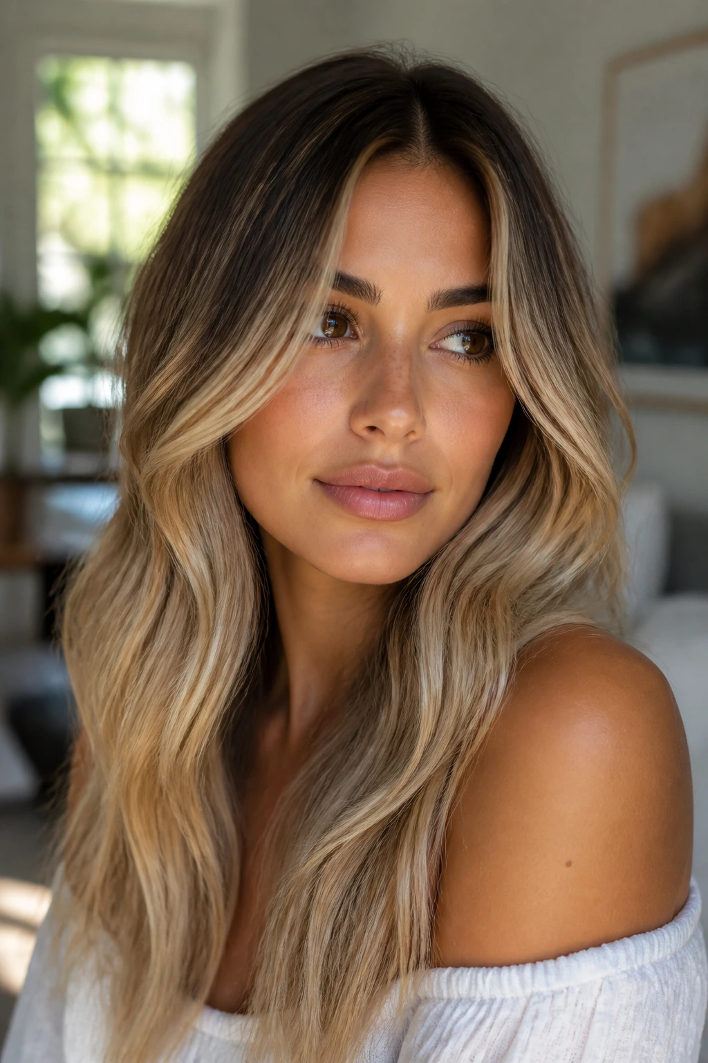 Close-up portrait of a real woman with sand blonde hair and a warm gold-beige melt in sunlit room