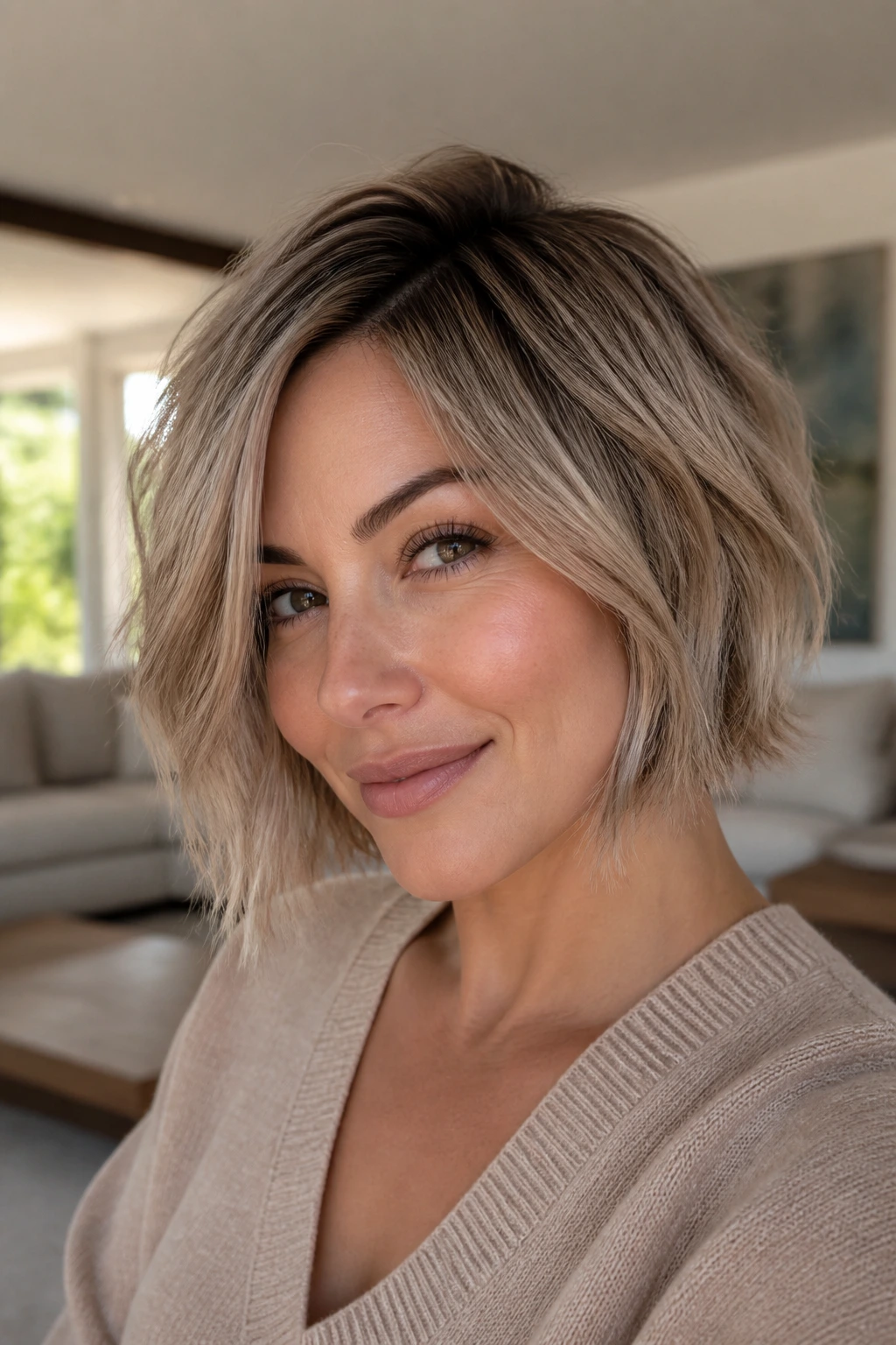 Real person with sand bronde lived-in bob in natural light