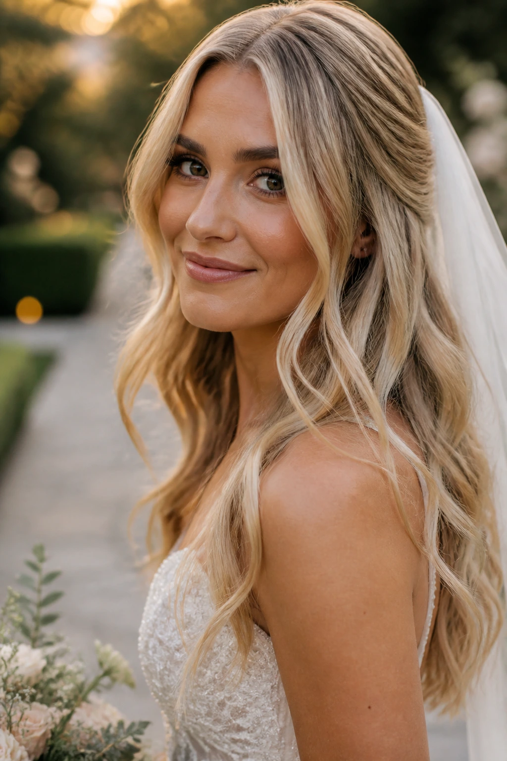 Close-up of a bride with sand dune blonde hair in soft sun-warmed tones.