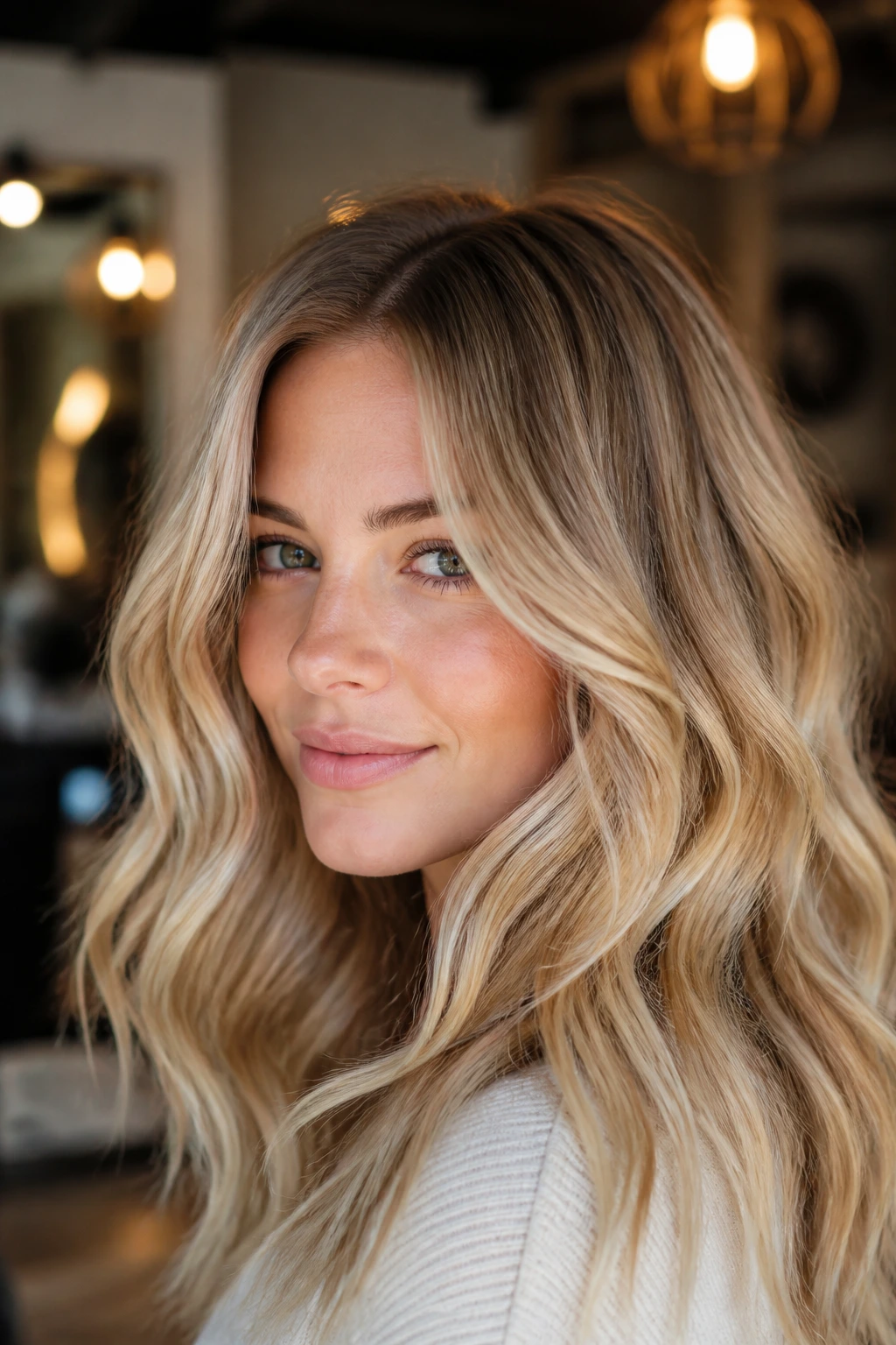 Close-up of a real woman with sandalwood blonde balayage