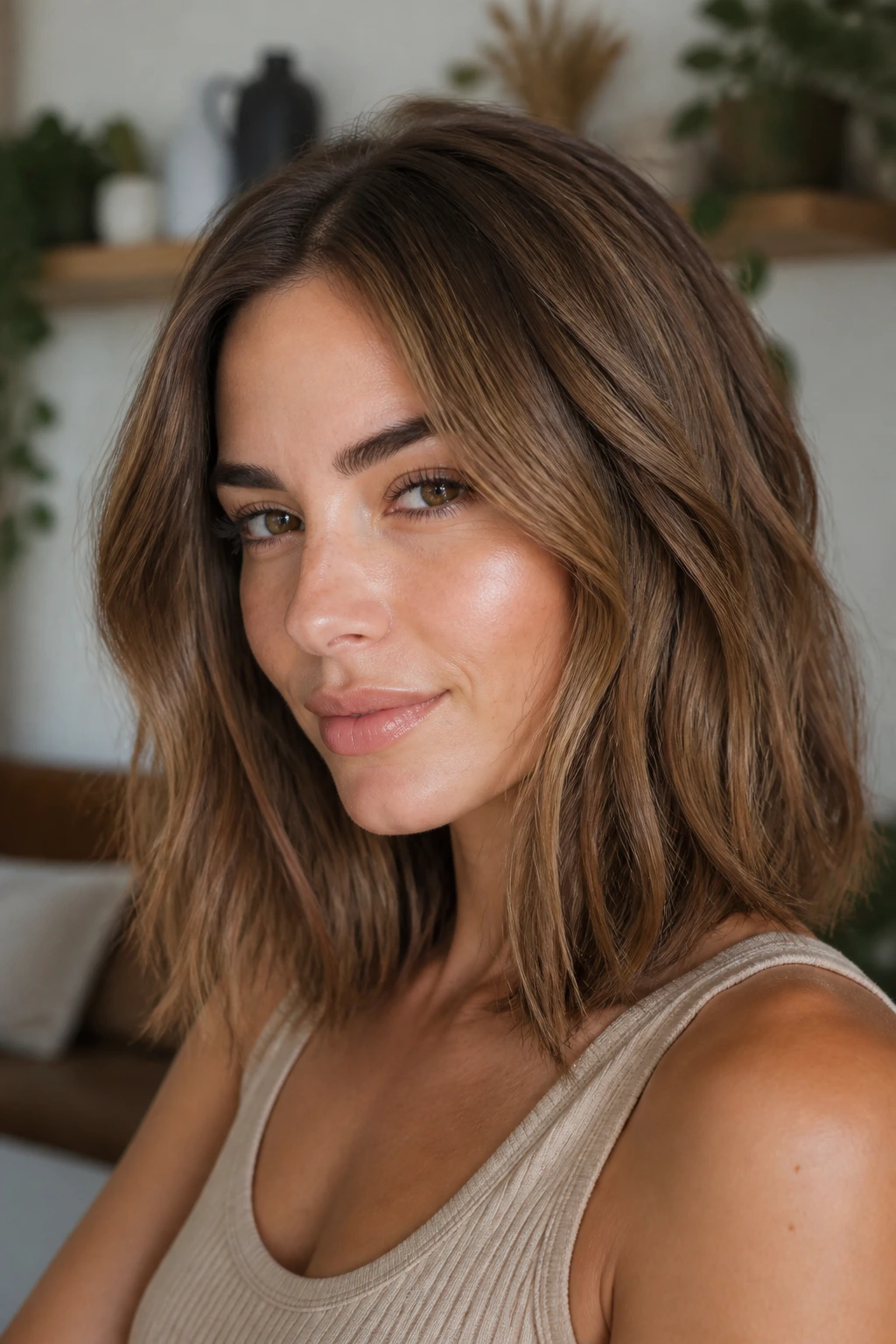 Close-up portrait of a real woman with sandalwood brown hair on a medium-length cut