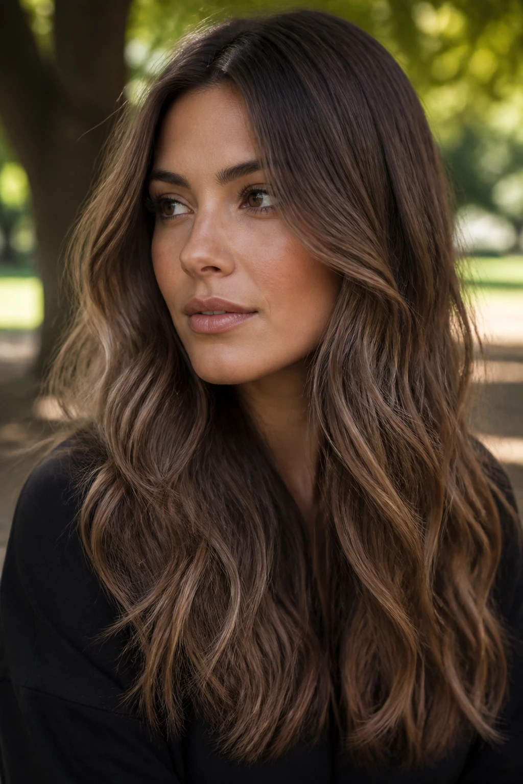 Close-up of a real woman with sandalwood brunette long waves and beige-gray undertones.