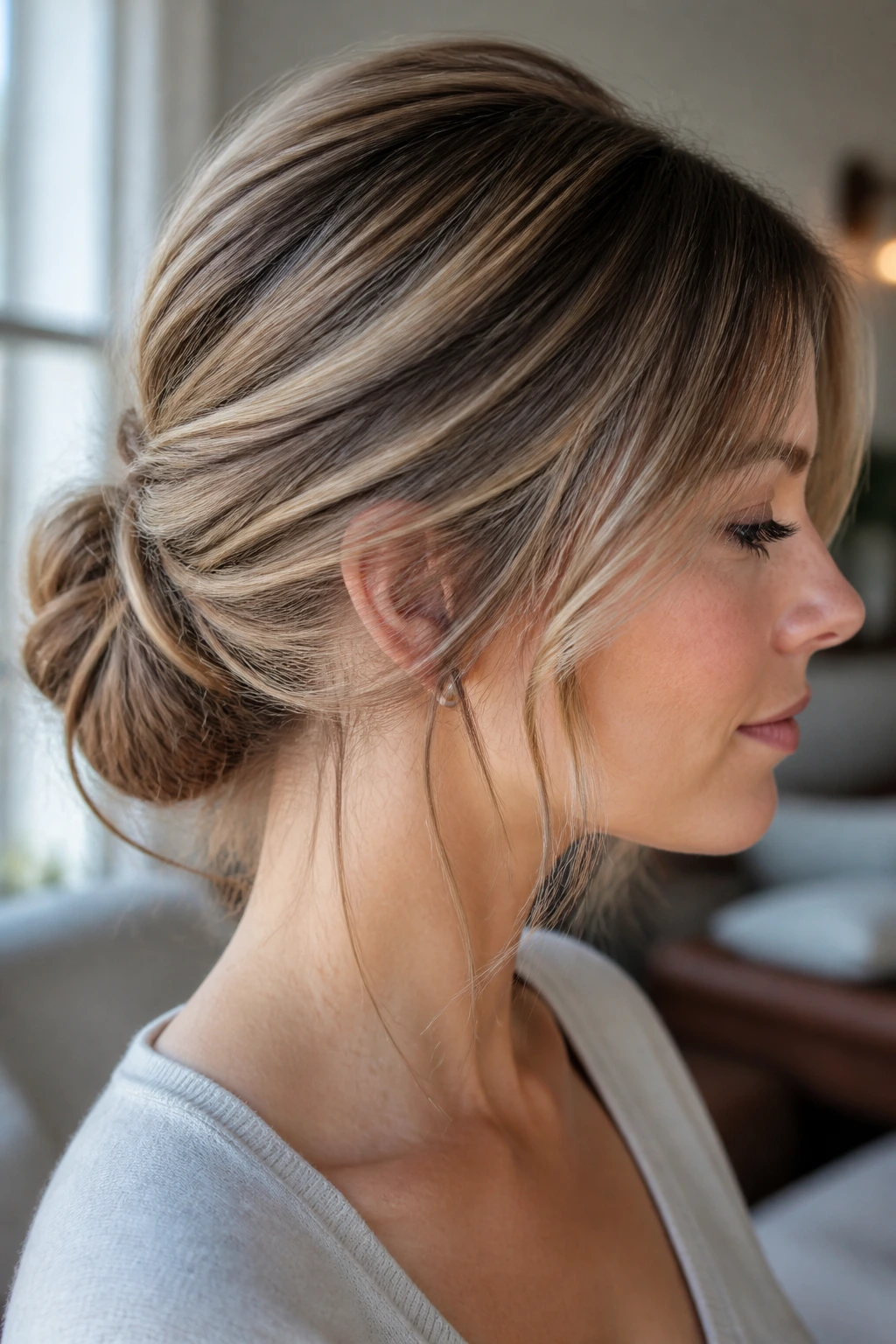 Close-up of fine hair with sandalwood lowlights near the nape behind the ears