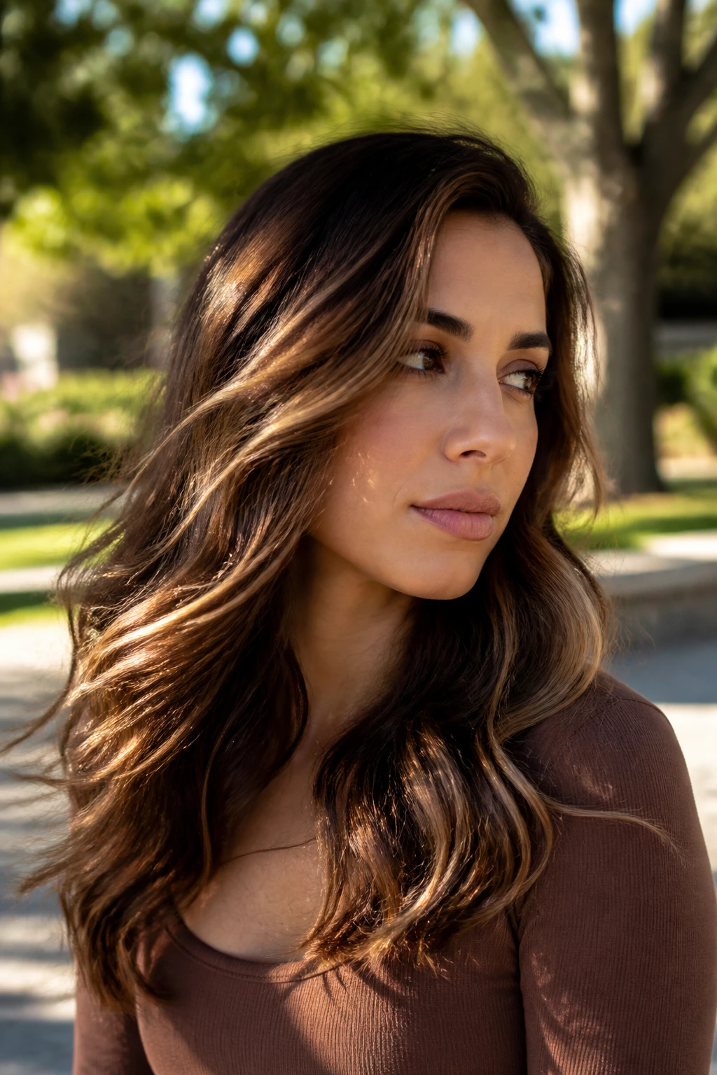 Close-up portrait of a real woman with sandalwood ribbons in brunette hair