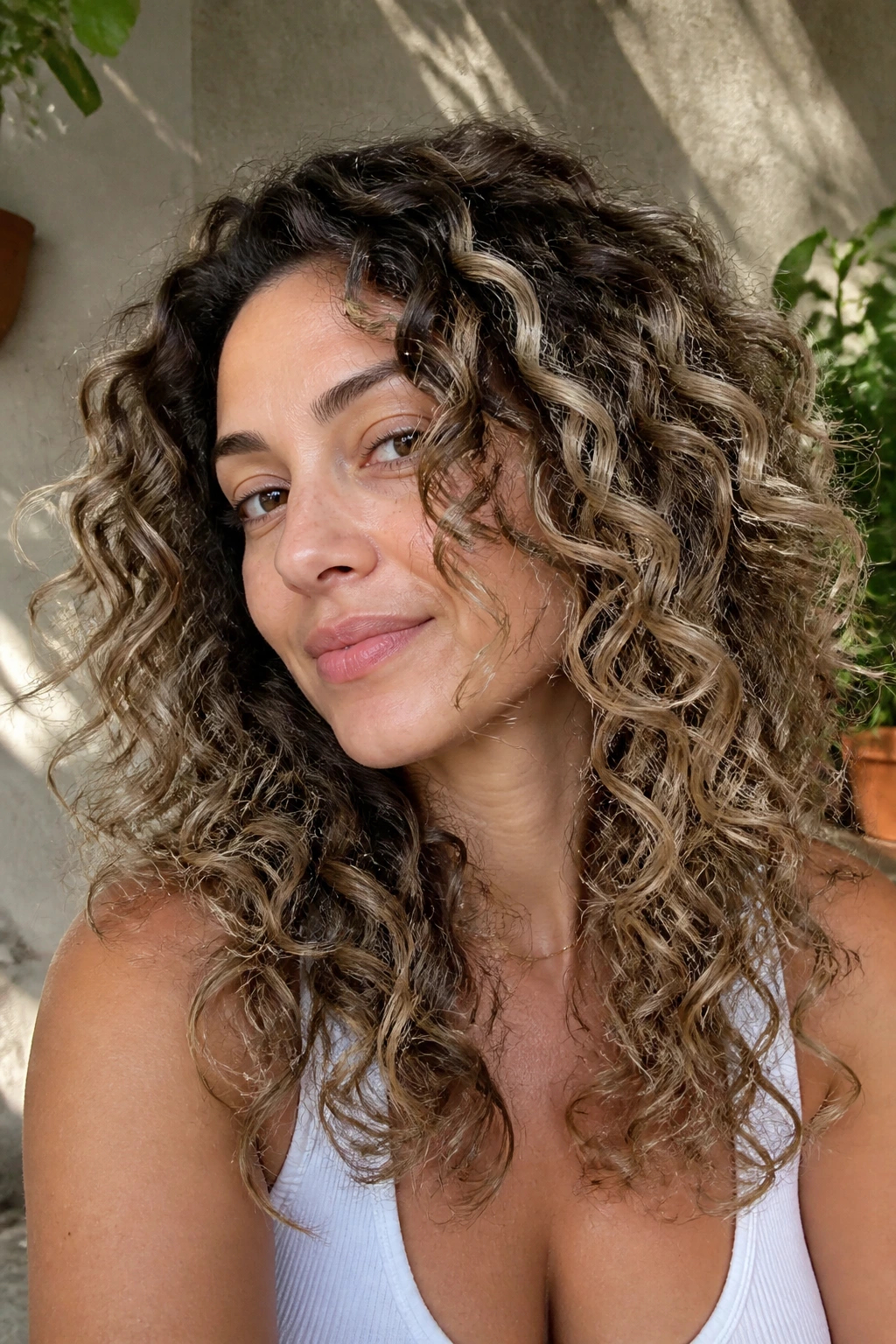 Portrait of real woman with sandbar balayage on curly hair and soft beige tones.