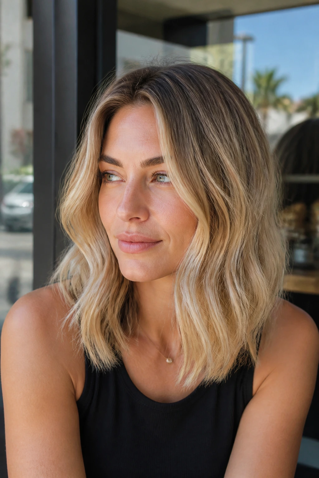 Sandblonde grown-out lob with soft roots and waves