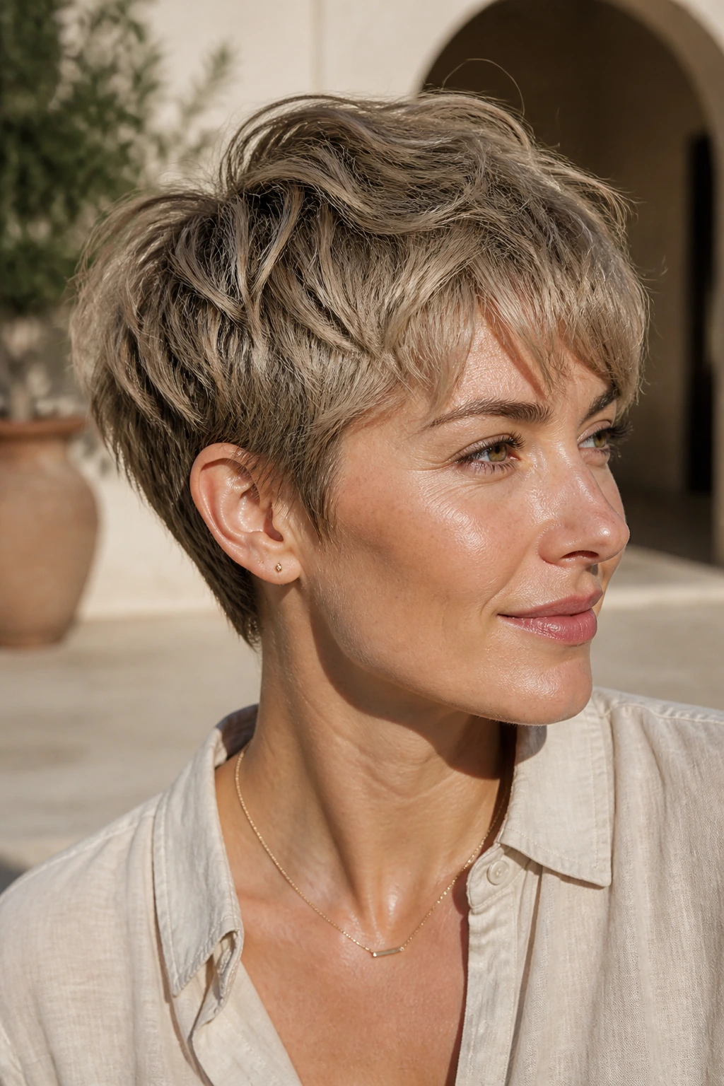 Real woman with sandstone balayage on tousled French crop hair
