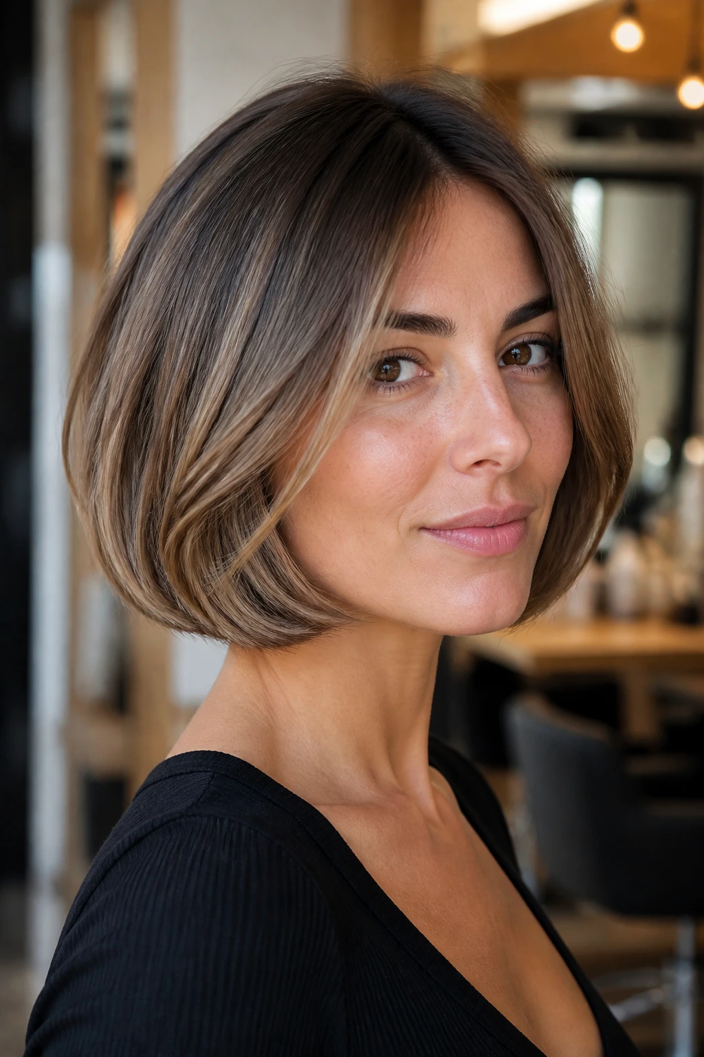 Close-up portrait of a real person with Italian bob and sandstone balayage ribbons.