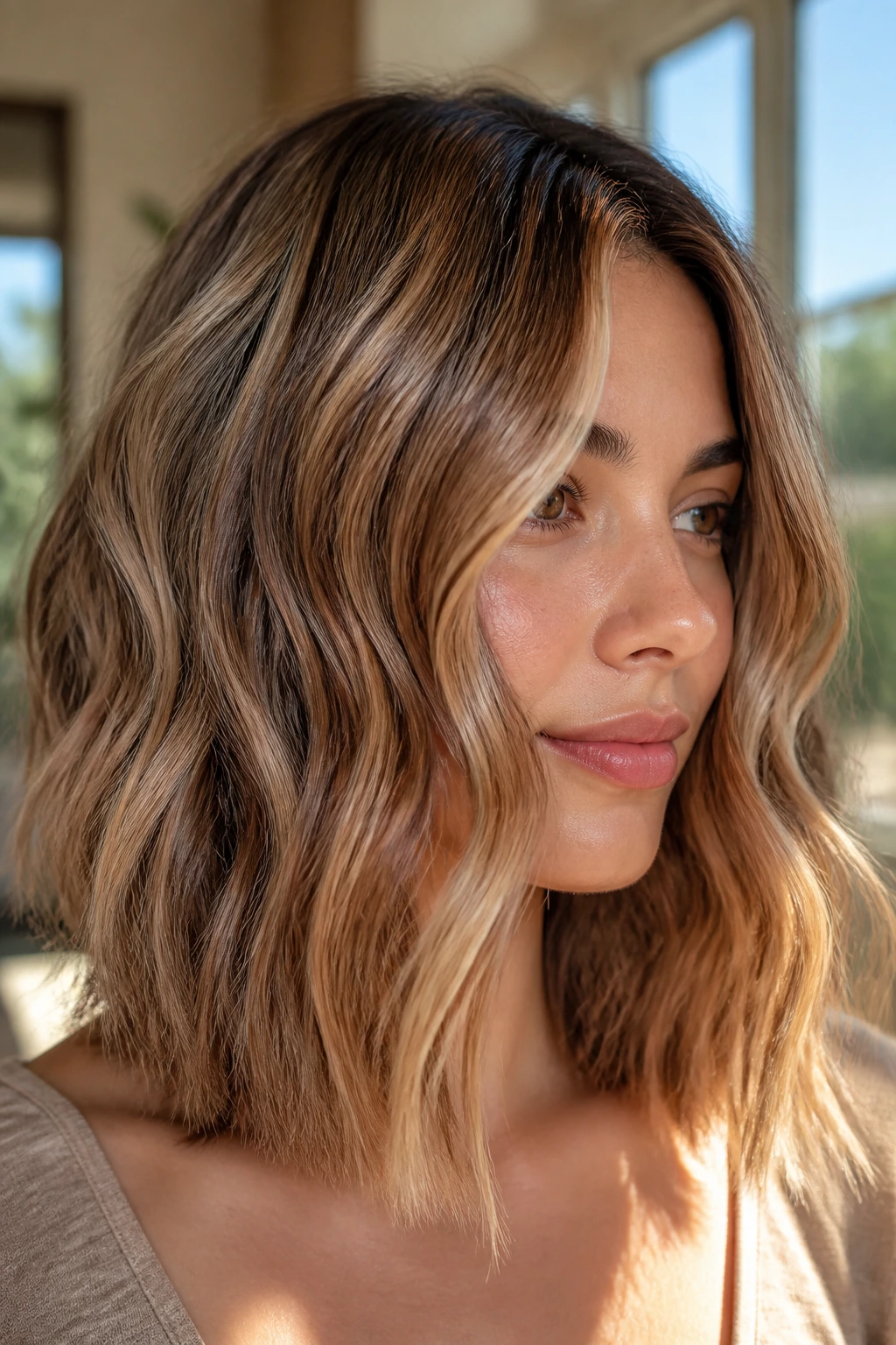 Close-up portrait of real woman with sandstone balayage hair in warm window light