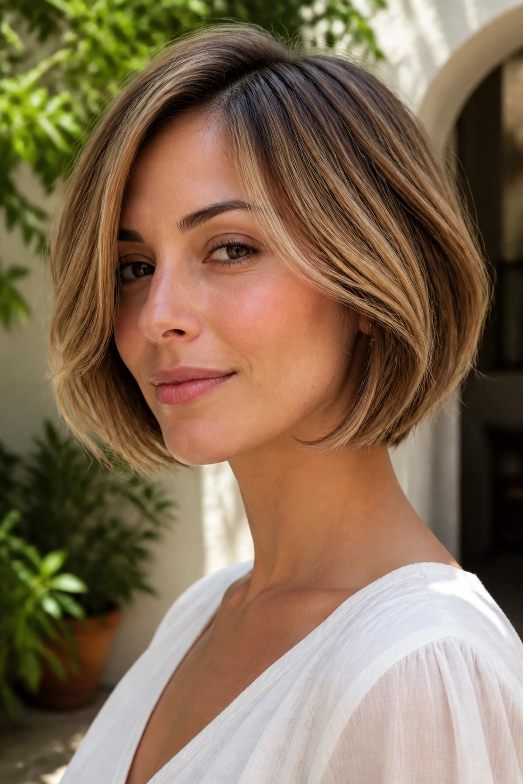 Close-up of real woman's short bob with sandstone balayage in sunlit courtyard